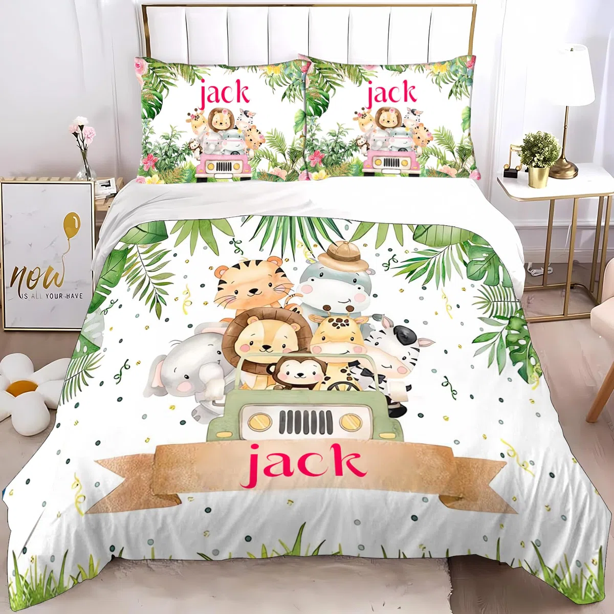 CHEFFS Ropa de cama personalizada para bebé con animales, elefante, cebra, jirafa, león, ropa de cama para niños con nombre, funda de edredón y almohada personalizada de animales salvajes (135 x 200