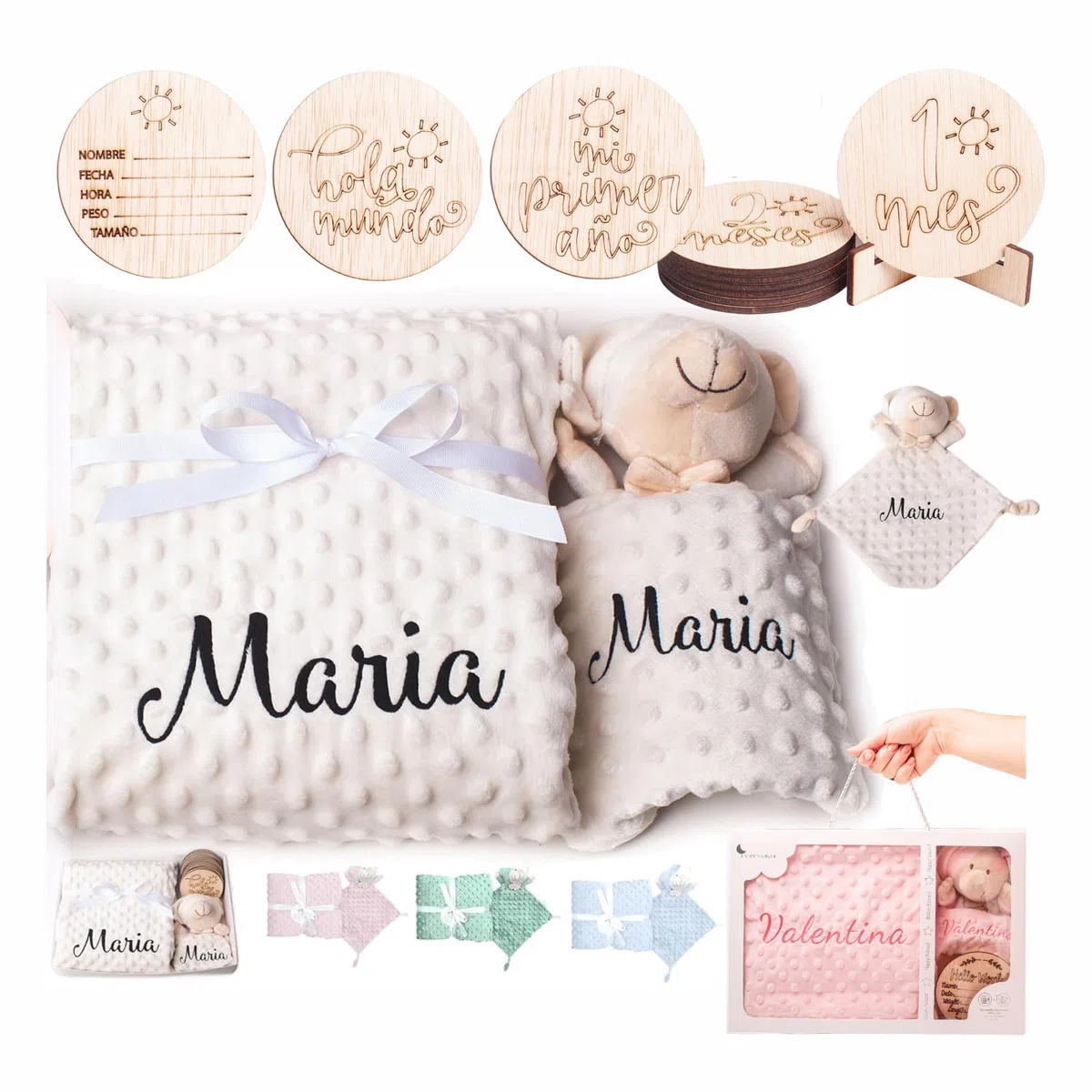 Olesea Manta Bebé Personalizada con Nombre Bordado+Cumplemeses de madera +Dou Dou–Regalo Recién Nacido Niño o Niña – Cesta Canastilla Bebé Regalos Padres Primerizos Mamas Primerizas