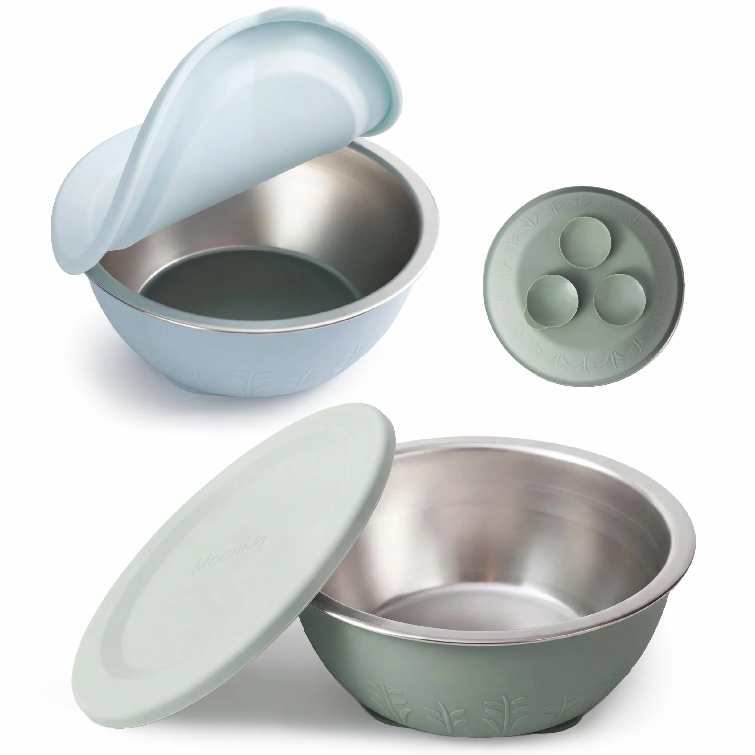 Moonkie Cuencos Bebé de Acero Inoxidable con Tapas de Silicona y Base de Succión | Diseño de Una Pieza | Sin BPA | 13oz | Lavavajillas | Desde 4M+ | Pack de 2 (Azul pastel/Verde salvia)