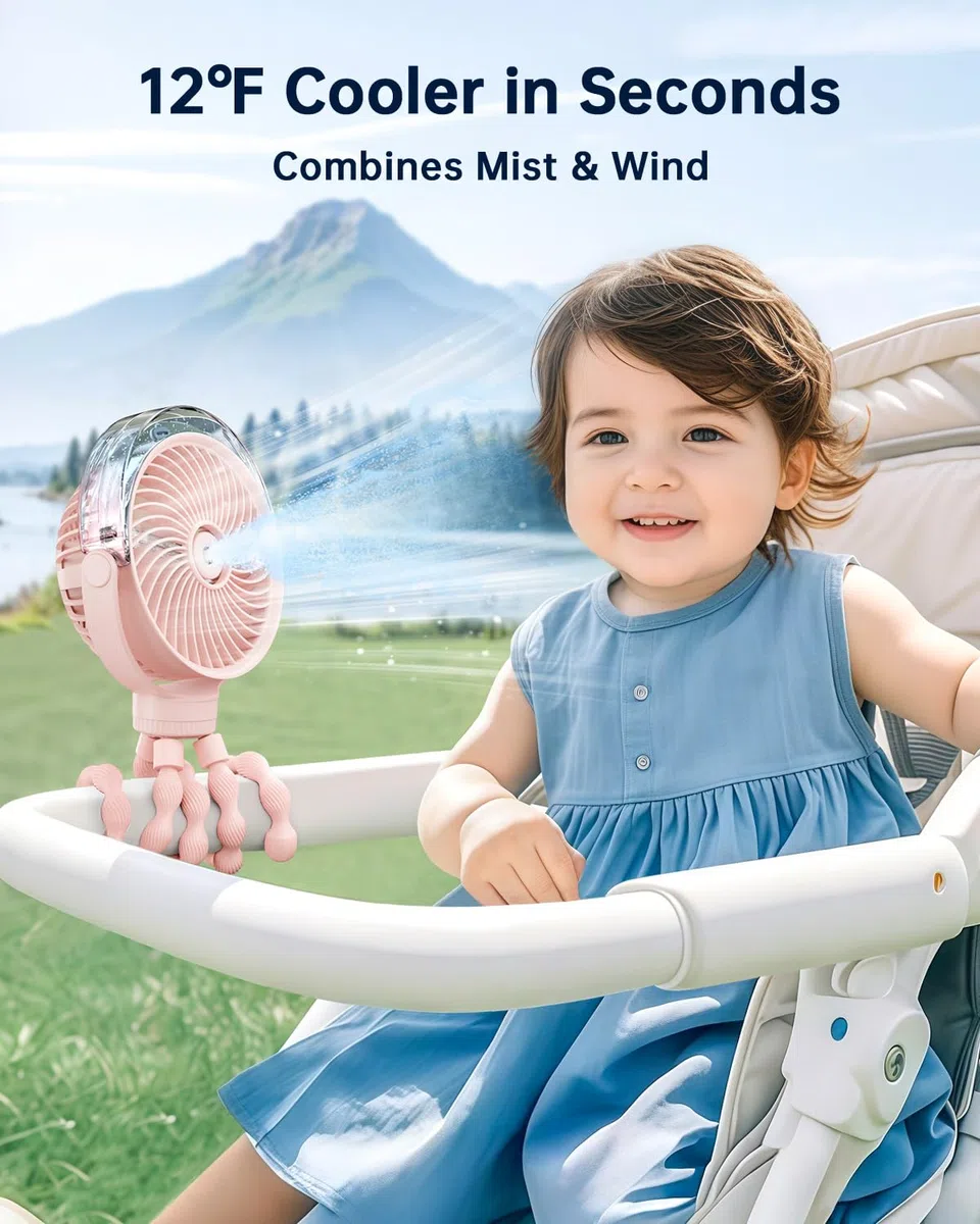 SWEETFULL Ventilador para cochecito de bebé portátil con refrigeración por pulverización, 4 velocidades, ventiladores recargables silenciosos para viajes, al aire libre, carrito de golf, asiento de