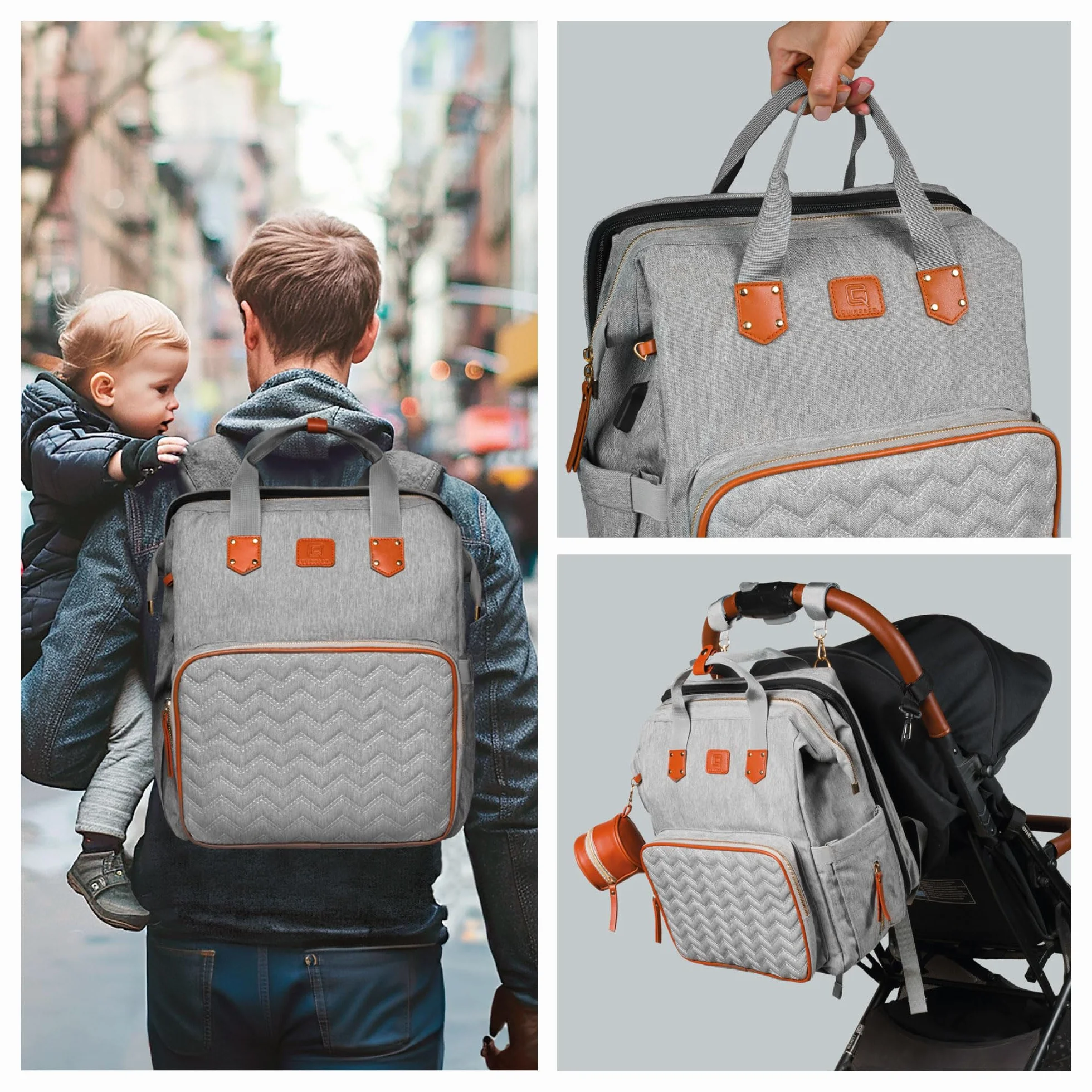 Bolso para Carrito de Bebé Mochila de Pañales con Cuna Extensible QUINO&CO. Unisex con Ganchos Carro, Funda para Biberones, Chupetero, USB | Regalo Bebes Recien Nacidos (Gris)