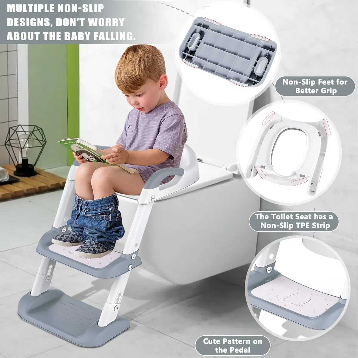 Adaptador Reductor WC Niños, Adaptador WC Bebe Niños con Escalera, Antideslizante, Plegable con PU Cojín, Portatil Orinal Asiento Baño Inodor para Inodoros en Forma