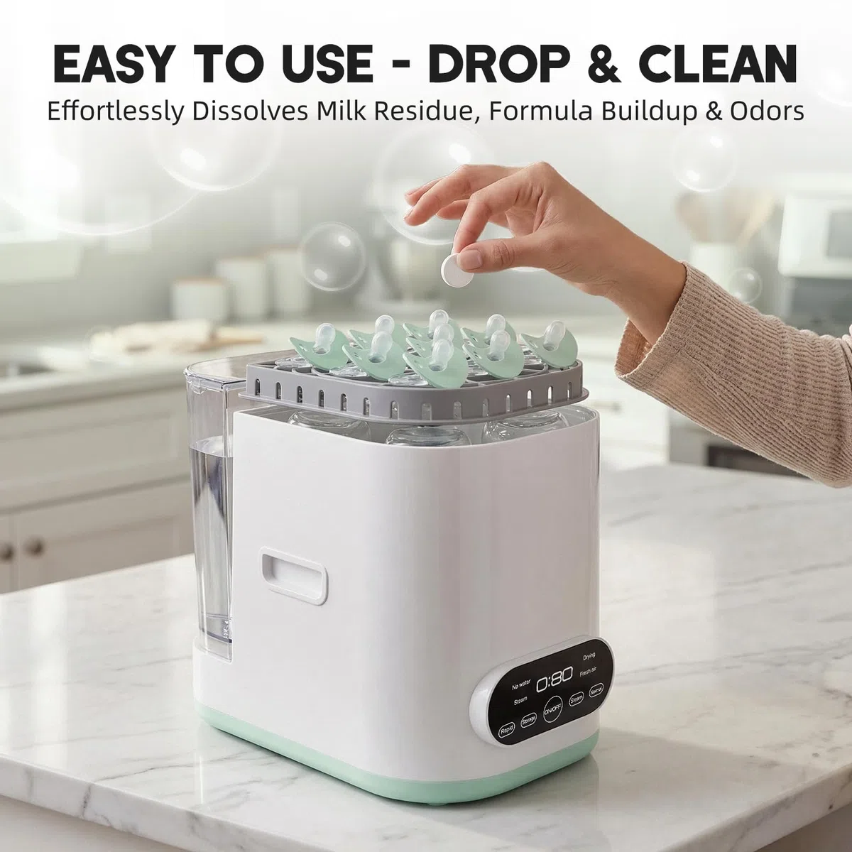 Tabletas detergentes para lavavajillas de biberones de bebé, 150 unidades, fórmula suave de disolución rápida, elimina residuos de leche, grasa y olores, compatible con todas las marcas, apto para lav