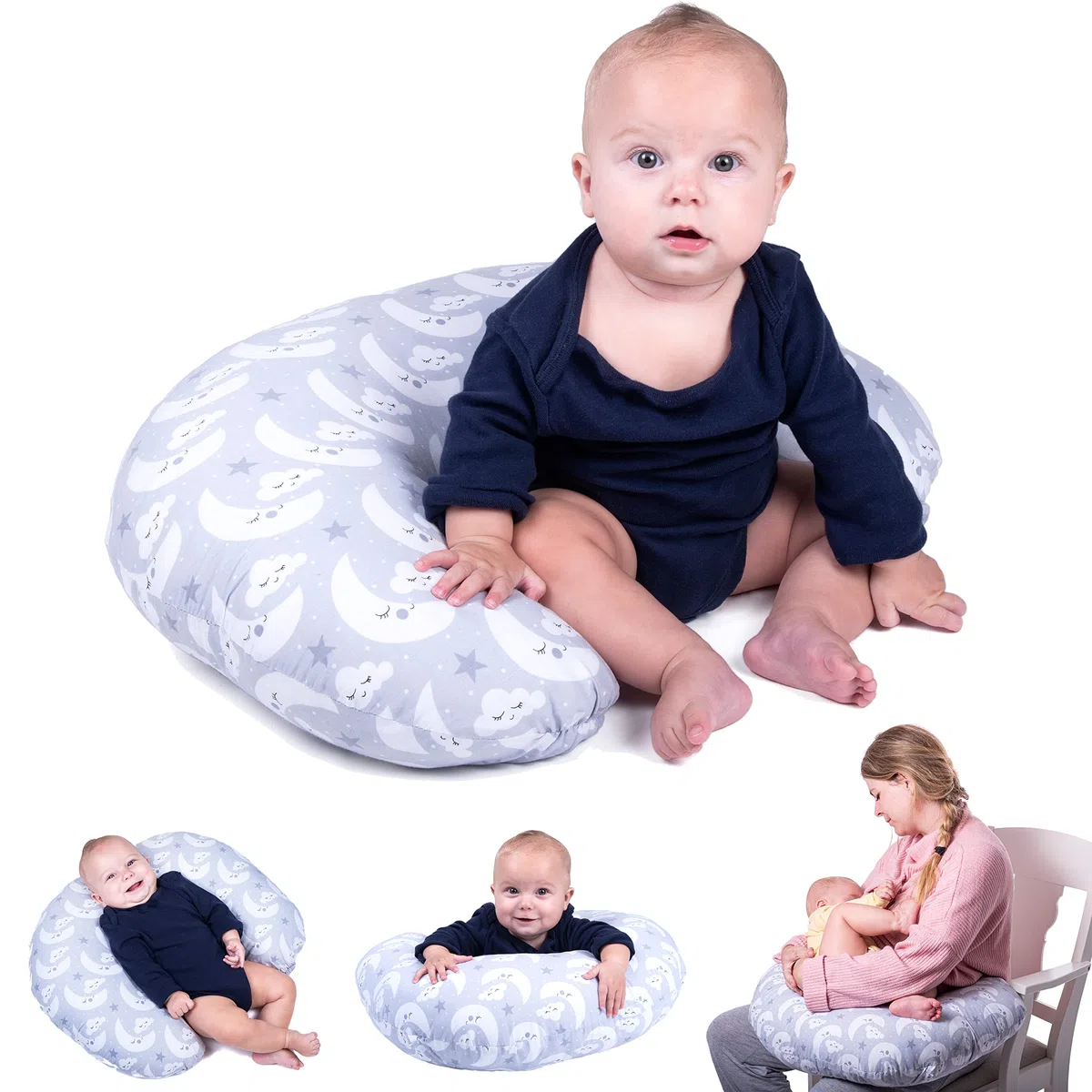 Cojin Lactancia Bebe. Cojín Bebé Embarazada con Funda Desenfundable y Lavable. Multiusos Maternidad. (1, Gris_Lunas, Normal)