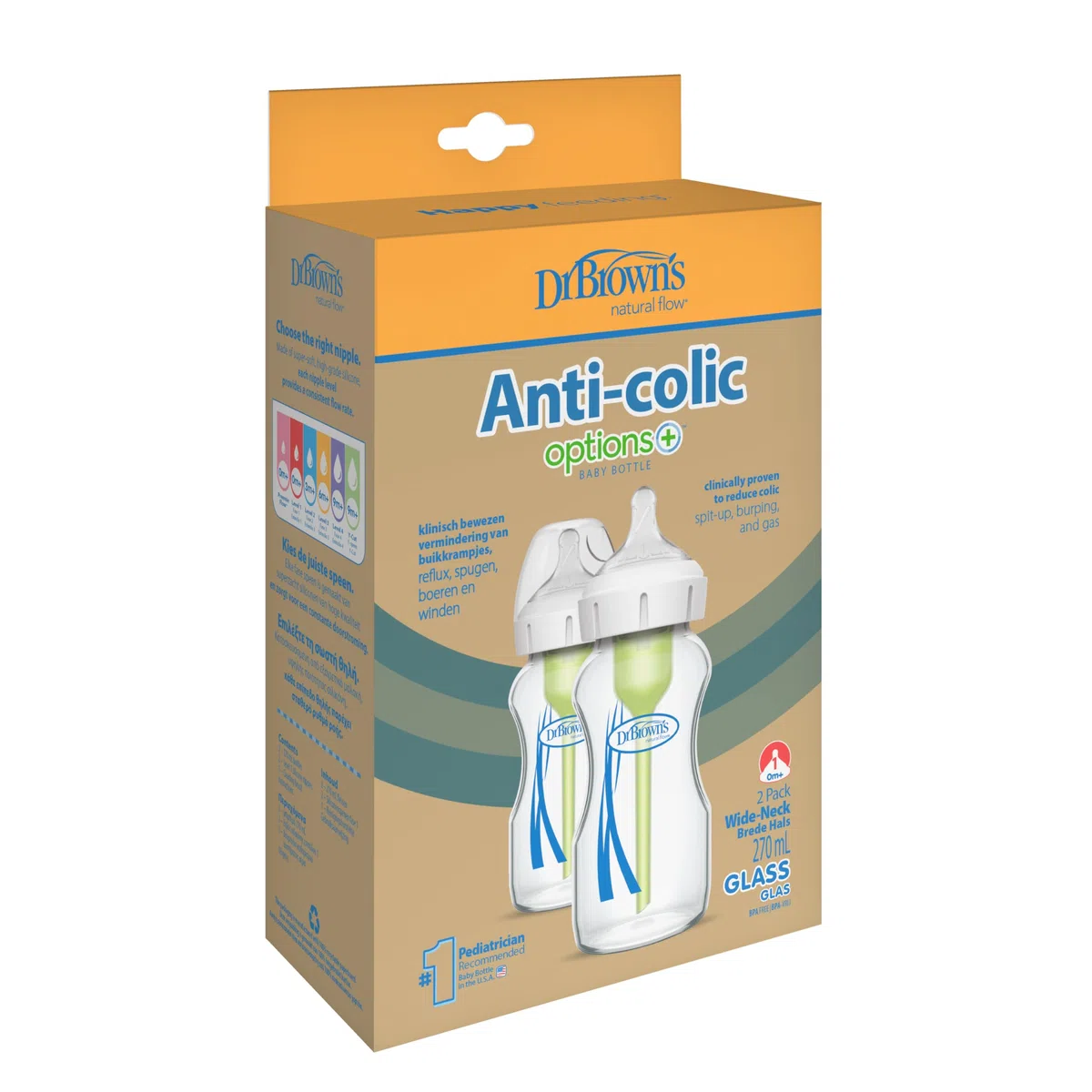 Dr. Brown’s Pack de 2 Biberones Anticólicos de Cristal Options+ 270 ml Boca Ancha – Sistema Patentado con Ventilación Interna - Con Tetina Nivel 1 de Flujo Lento +0 Meses – Silicona Médica y Sin BPA