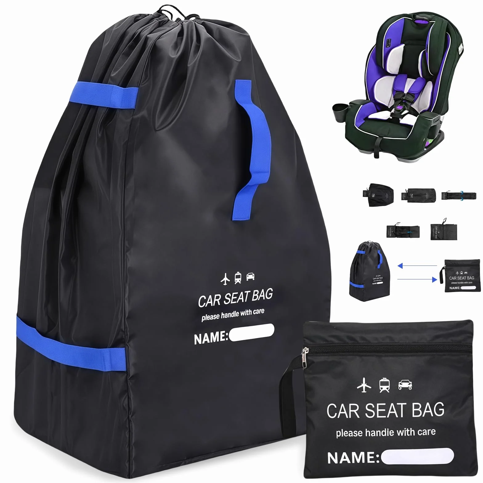 Bolsa de transporte para asiento infantil, bolsa de viaje para viajes en avión, bolsa de transporte para silla de paseo, para cochecito, silla de paseo, 85 x 45 x 45 cm, color negro y azul