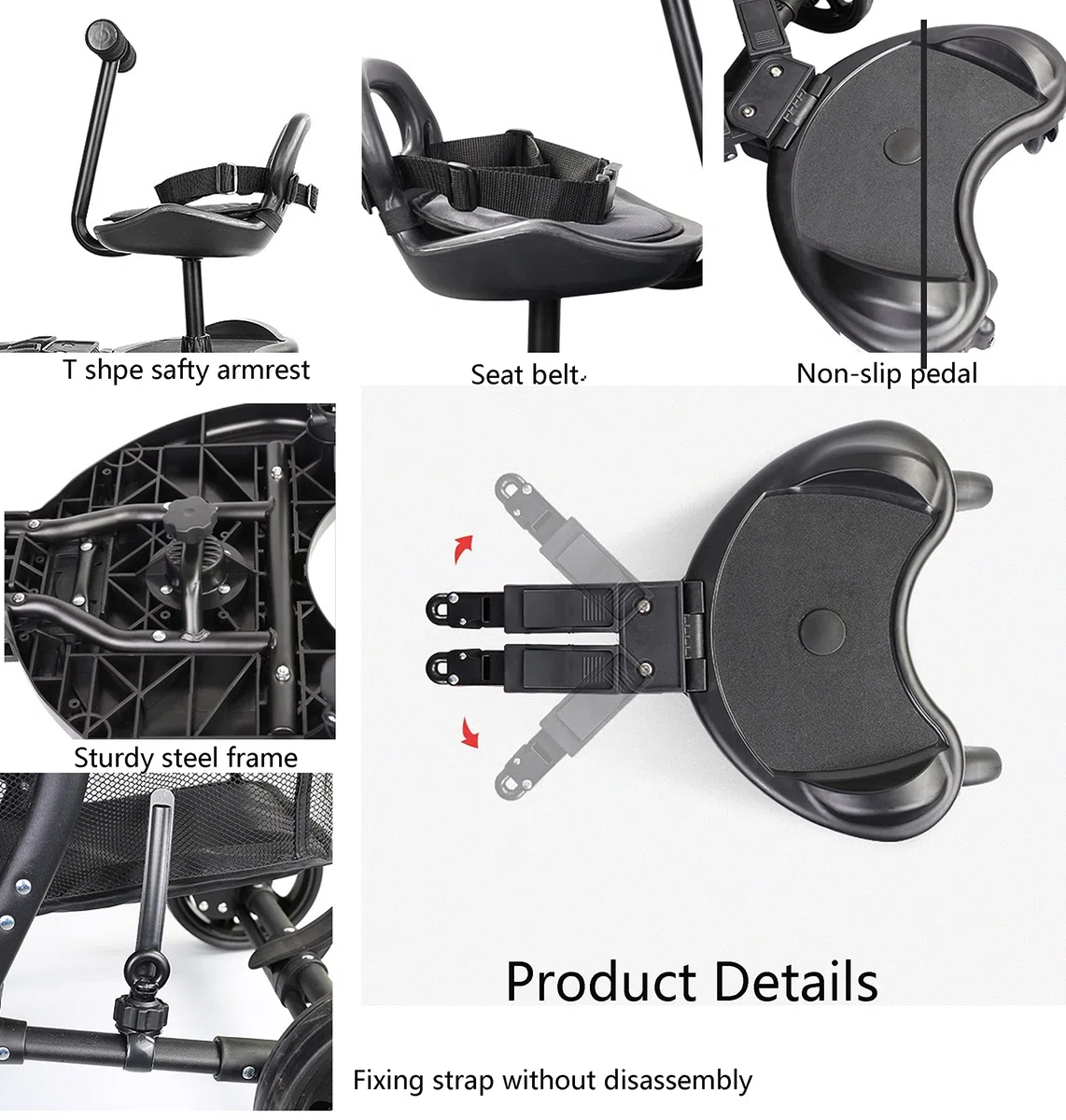 Tabla de cochecito con asiento, tabla de pie, tabla de cochecito para niños pequeños, diseño estable de dos ruedas con asiento, tabla de pie que se adapta a cualquier cochecito (2 en 1 negro)