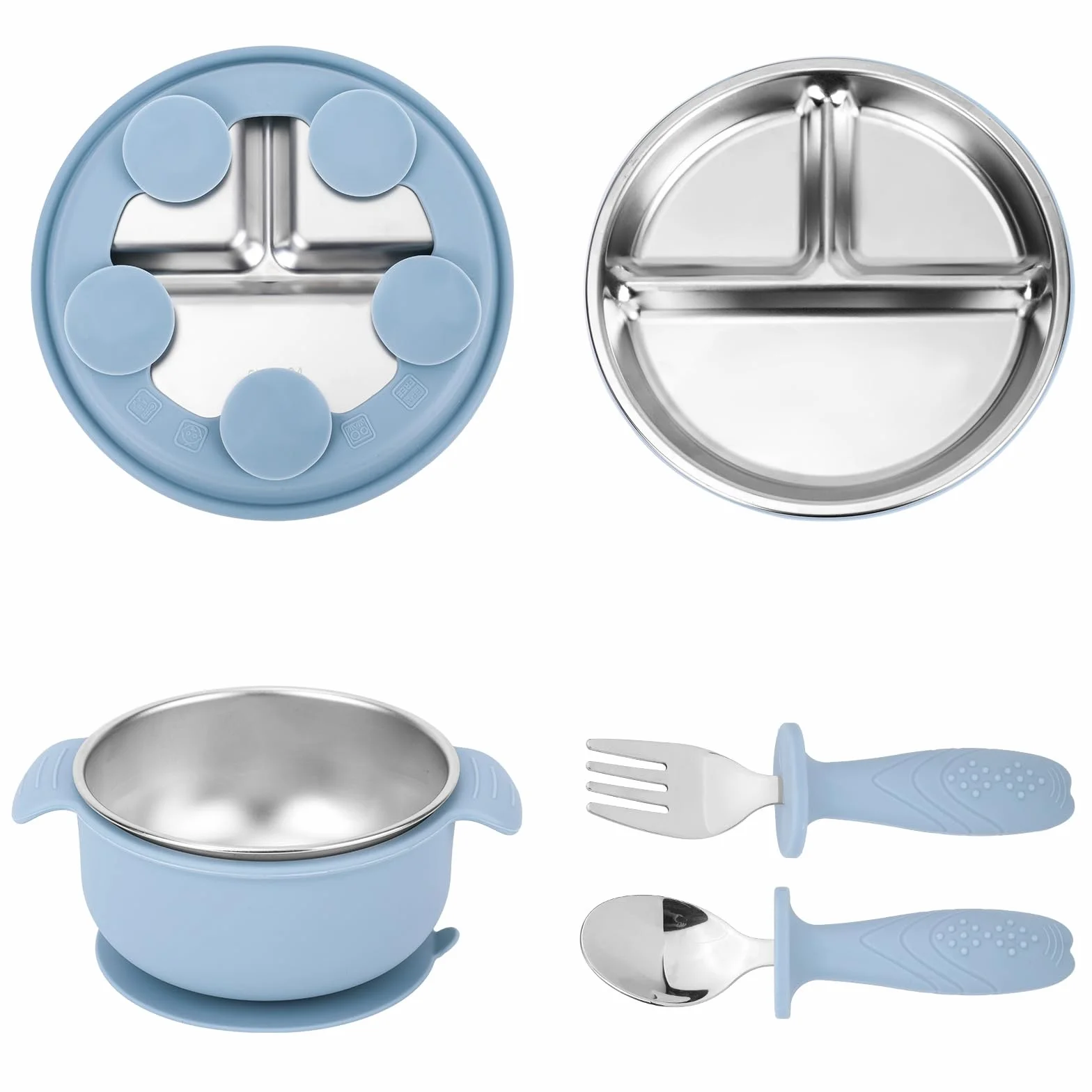 lasuroa Juego de 4 Platos de Acero Inoxidable para Bebé: Incluye 1 Plato con Compartimentos y Ventosa, 1 Tazón con Doble Asa, 1 Tenedor y 1 Cuchara Bandejas para Aperitivos y Artículos Alimentación