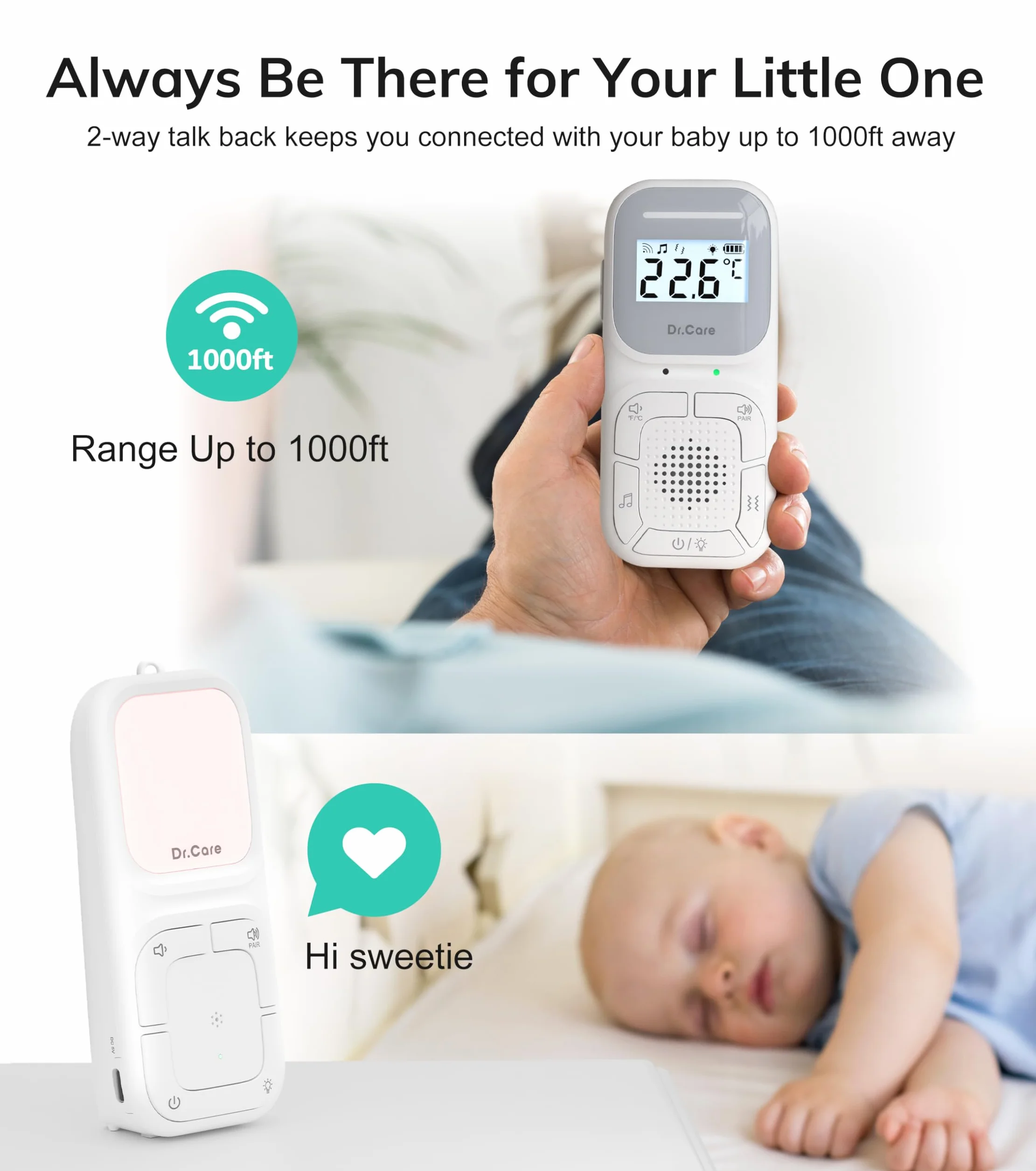 Dr.Care Neo Go Monitor de Audio Portátil para Bebés Ayuda para Dormir con Alcance de 300m, Batería de Día y Noche, Clip Portátil, VOX, Luz Nocturna, 8 Canciones de Cuna, Alarma por Vibración, Cordón