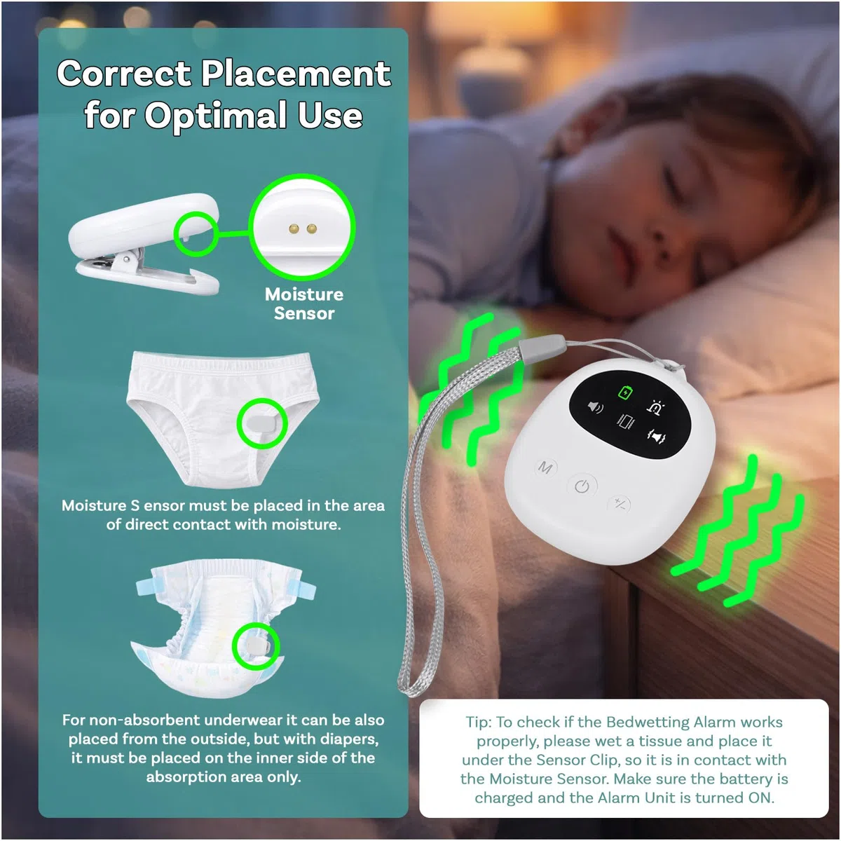 Alarma Enuresis para Niños y Personas Mayores de MMOBIEL – Compacta Sensor de Humedad con Cable y Clip – Sonido, Vibración y Luz – Recargable USB – Volumen Ajustable – Entrenamiento para ir al Baño