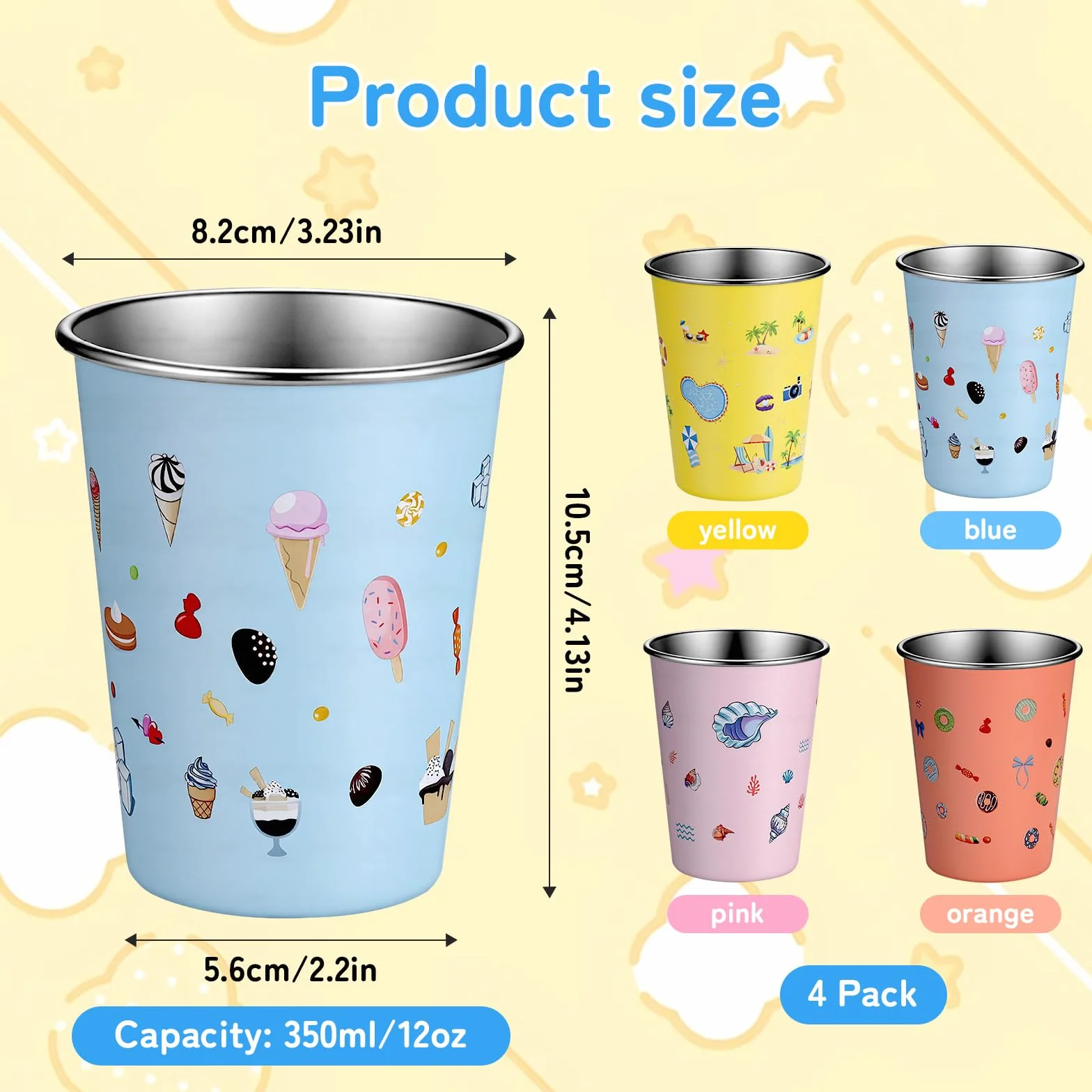 4 Piezas Vaso de Acero Inoxidable para Niños, 350ML Vaso Infantil, Set de Vasos Reutilizables, Copas de Camping Apilable para Niños y Niñas (Azul, Amarillo, Naranja, Rosa)