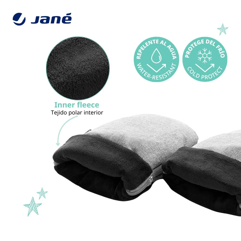 Jané Manoplas Carrito Bebé Invierno, Universales con Cremallera, Forro Polar Interior, Protección Frío y Viento, para Manillar Abierto y Cerrado, Gris