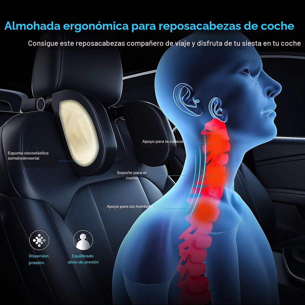 Reposacabezas Coche, Soporte para El Cuello Retráctil y Extraíble Almohada Gancho para Reposacabezas del Asiento del Coche, para Niños Adultos Soporte para La Cabeza (Negro, A05 PVC)