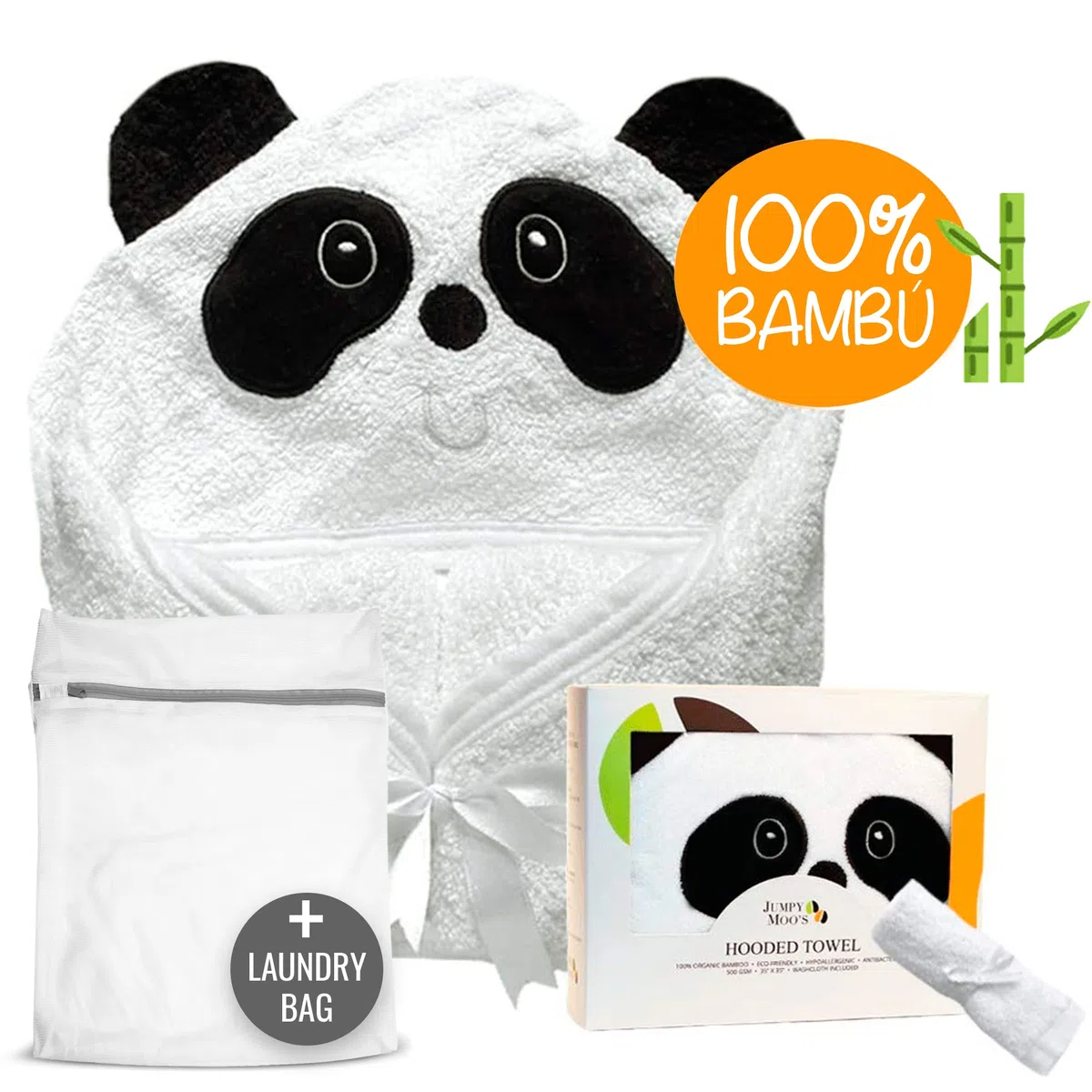 JM Toalla Bebe con Capucha - 100% Bambú Orgánico, Ultra Suave y Hipoalergénico, 35x35 Pulgadas, Grueso y Absorbente 500gsm, Regalo Bebe Recien Nacido Niño, Con Caja de Regalo y Toallita – Panda