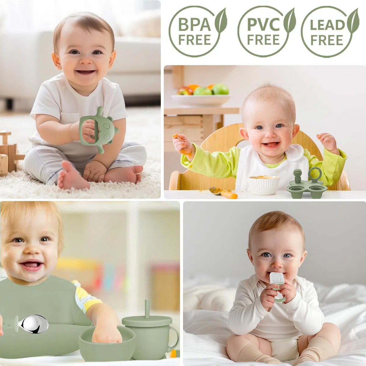 Vajilla Bebe Silicona, 14 Piezas Juegos de Vajilla Bebe Antideslizante con Platos Cuenco Babero Cuchara Bebe Taza, Cubiertos Bebe, Baby Led Weaning, Sin BPA, Cubiertos Infantiles (Verde)