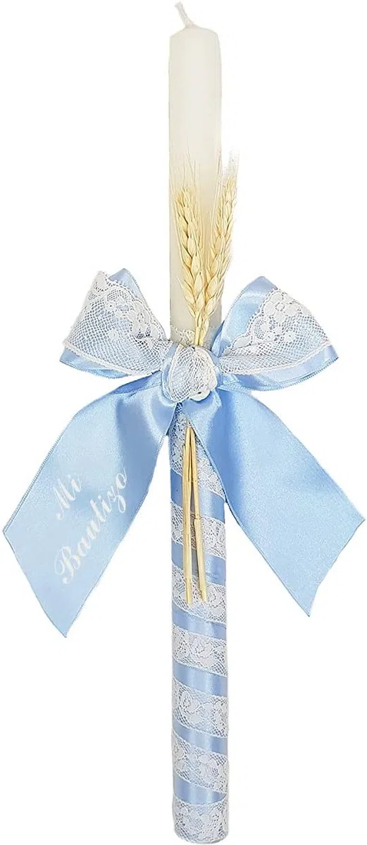 Vela para Bautizo - Vela Bautismal – Candela de Bautizo decorada - Cirio Sacramental - Modelo París – Celeste- Nenel