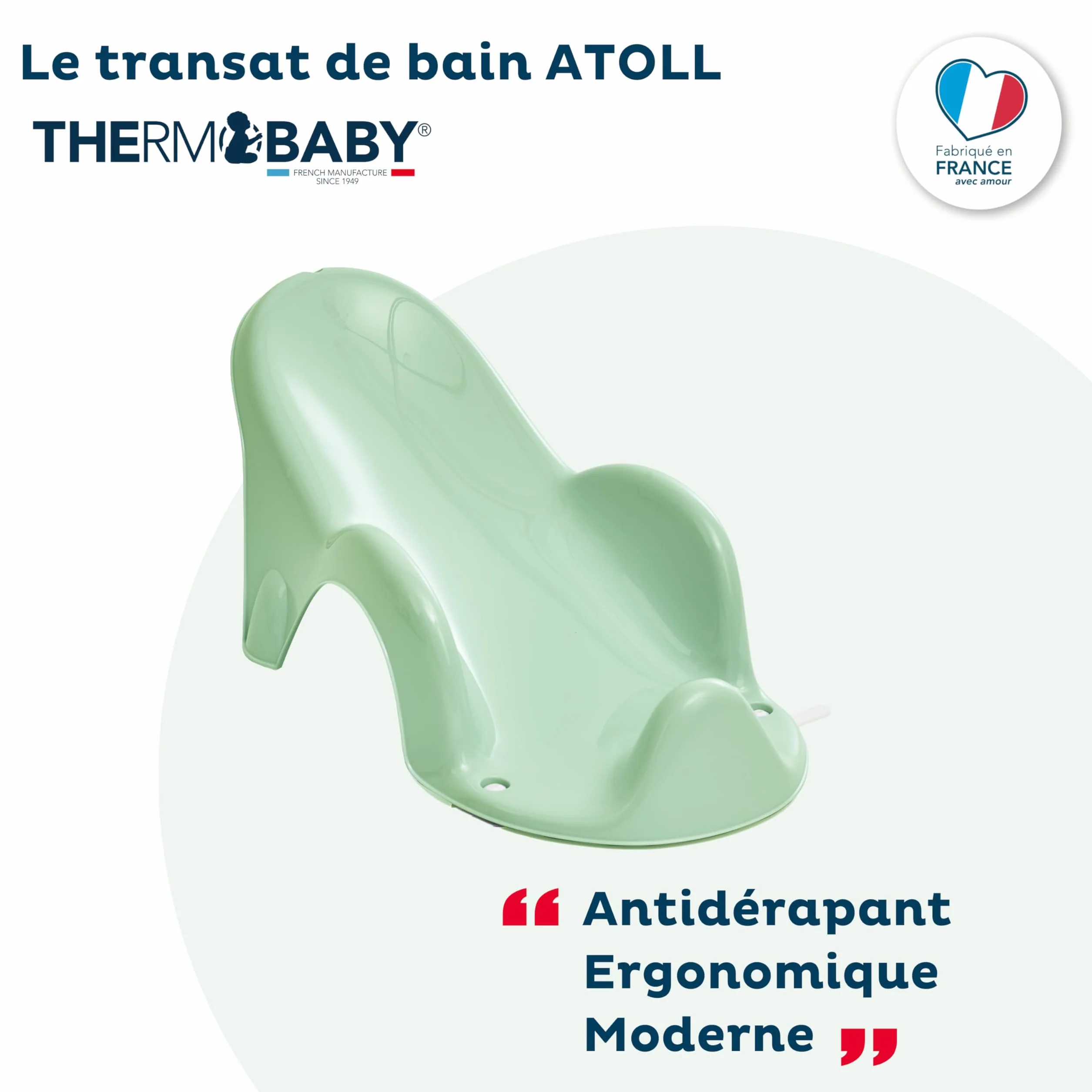 THERMOBABY ATOLL - Hamaca de baño de bebé - Ergonómico - Cómodo - Desde el nacimiento hasta los 8 meses - Verde Celadón - Fabricado en Francia