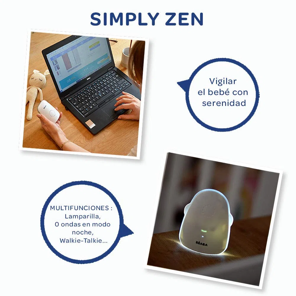 BÉABA - Intercomunicador + Monitor Audio, Walkie-Talkie, Función 0 Ondas, Modo Vox, Modo Noche con Luz, Alcance 300 m, Autonomía 15 h, Simply Zen, Blanco