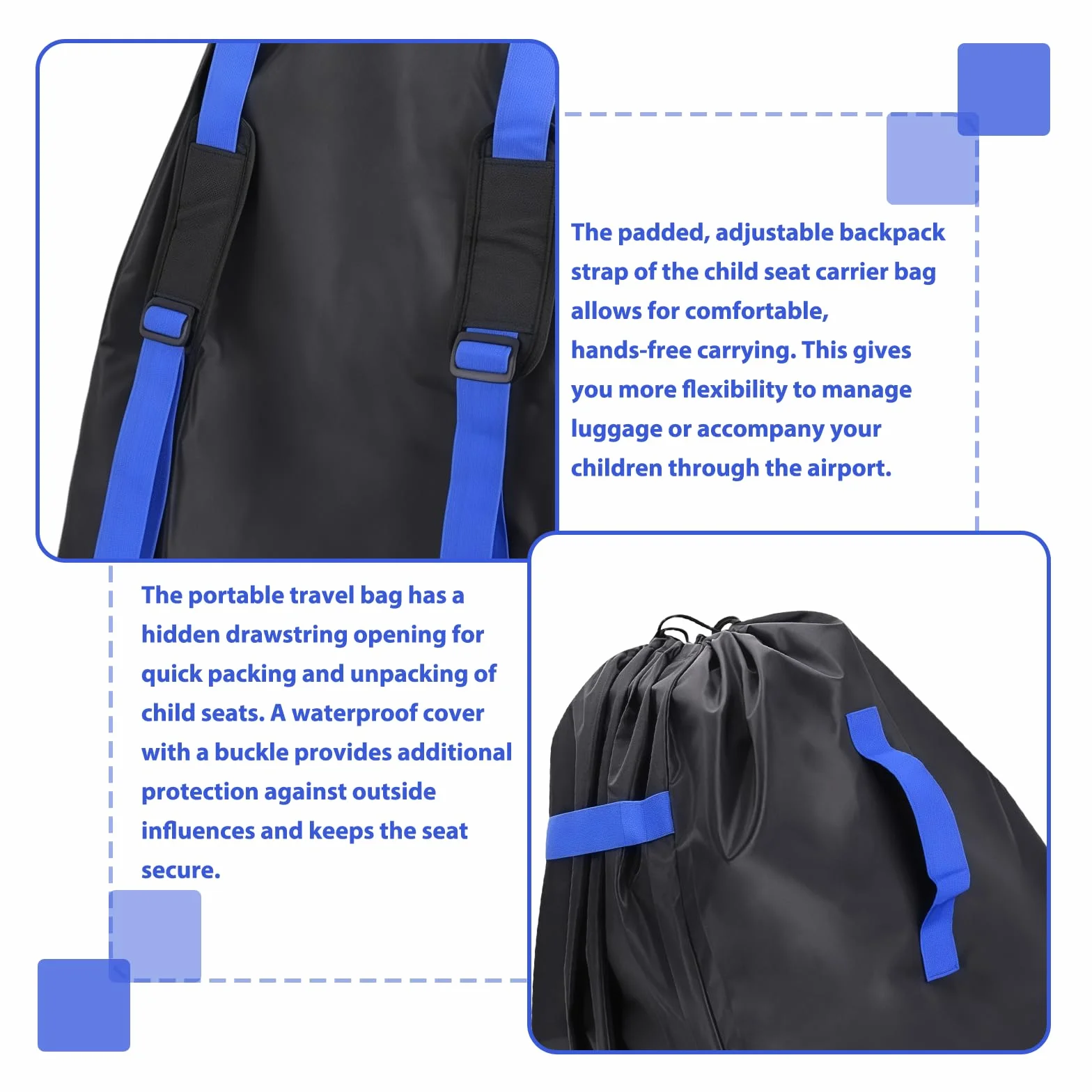 Bolsa de transporte para asiento infantil, bolsa de viaje para viajes en avión, bolsa de transporte para silla de paseo, para cochecito, silla de paseo, 85 x 45 x 45 cm, color negro y azul