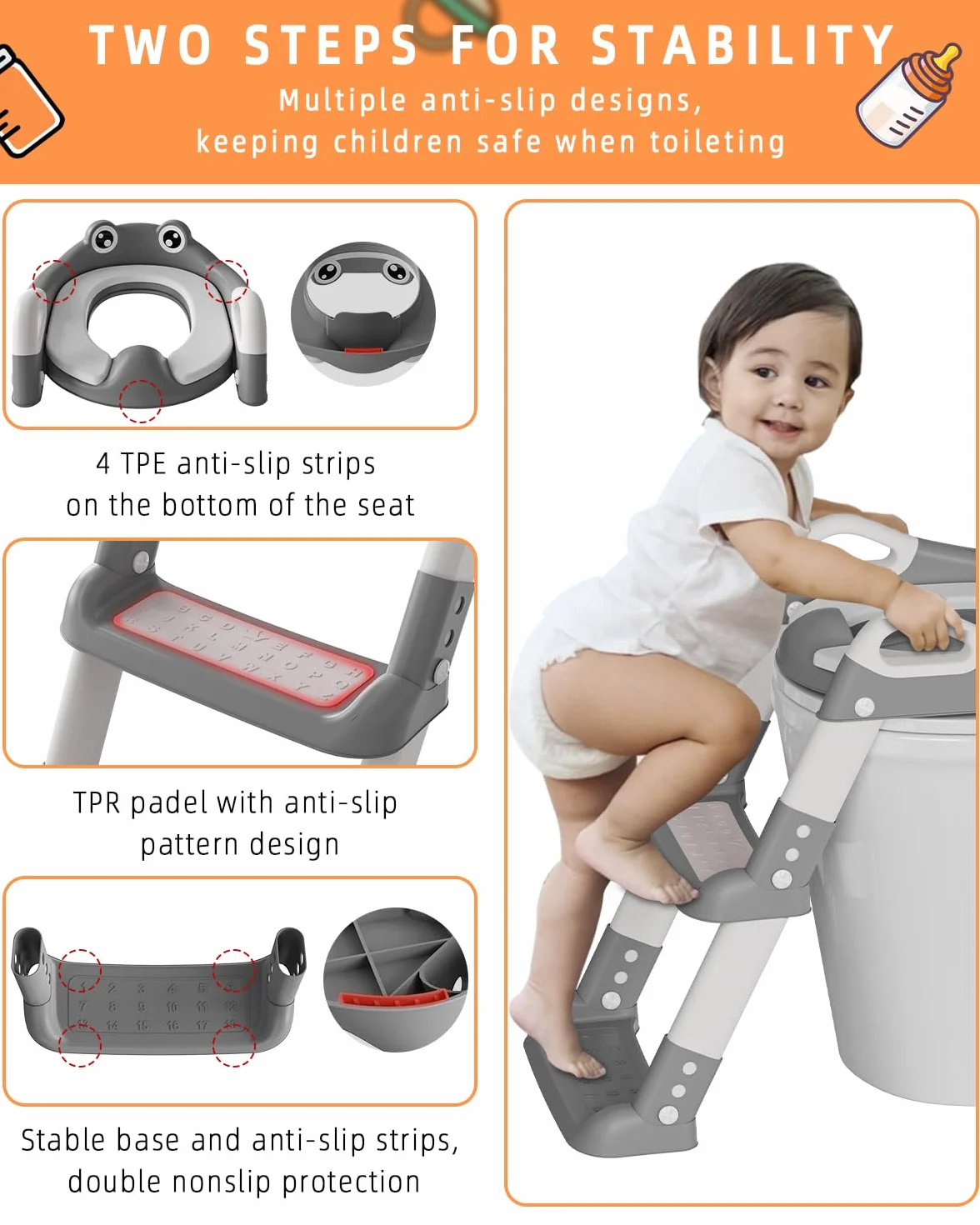 Adaptador WC Niños con Escalera, Reductor WC Niños con PU Cojín Acolchado, Adaptador Baño para Niños, Ajustable y Plegable, Antideslizante Adaptador Vater para Niños