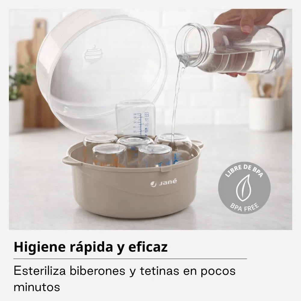 Jané Esterilizador para Microondas, Capacidad 6 Biberones, con Cesta para Tetinas y Pinza, Libre BPA, Gris