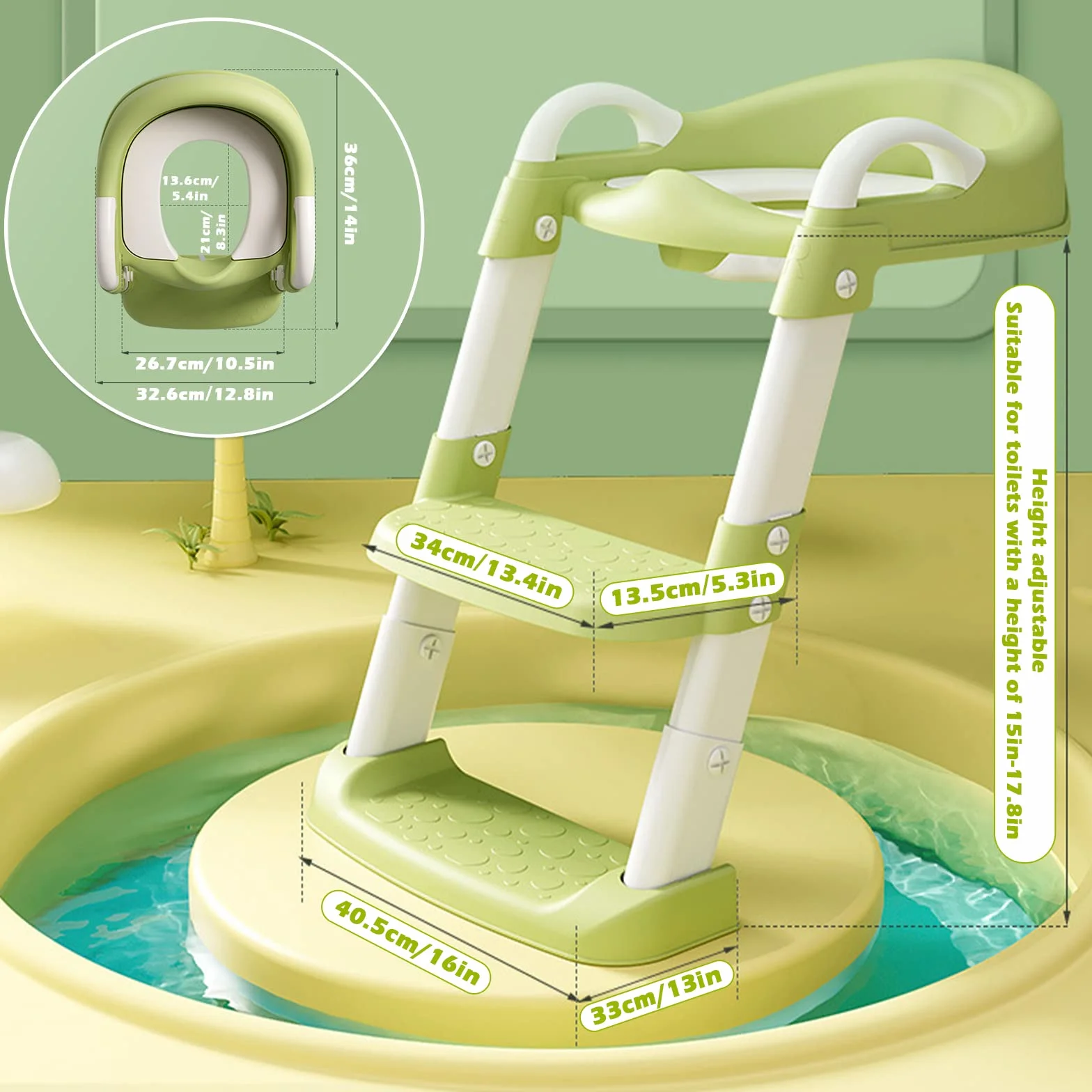 Adaptador WC Niños con Escalera, Reductor WC niños plegable con asa para niños, Escalera de inodoro ajustable en altura con asiento cómodo y escalones extra anchos (Verde)