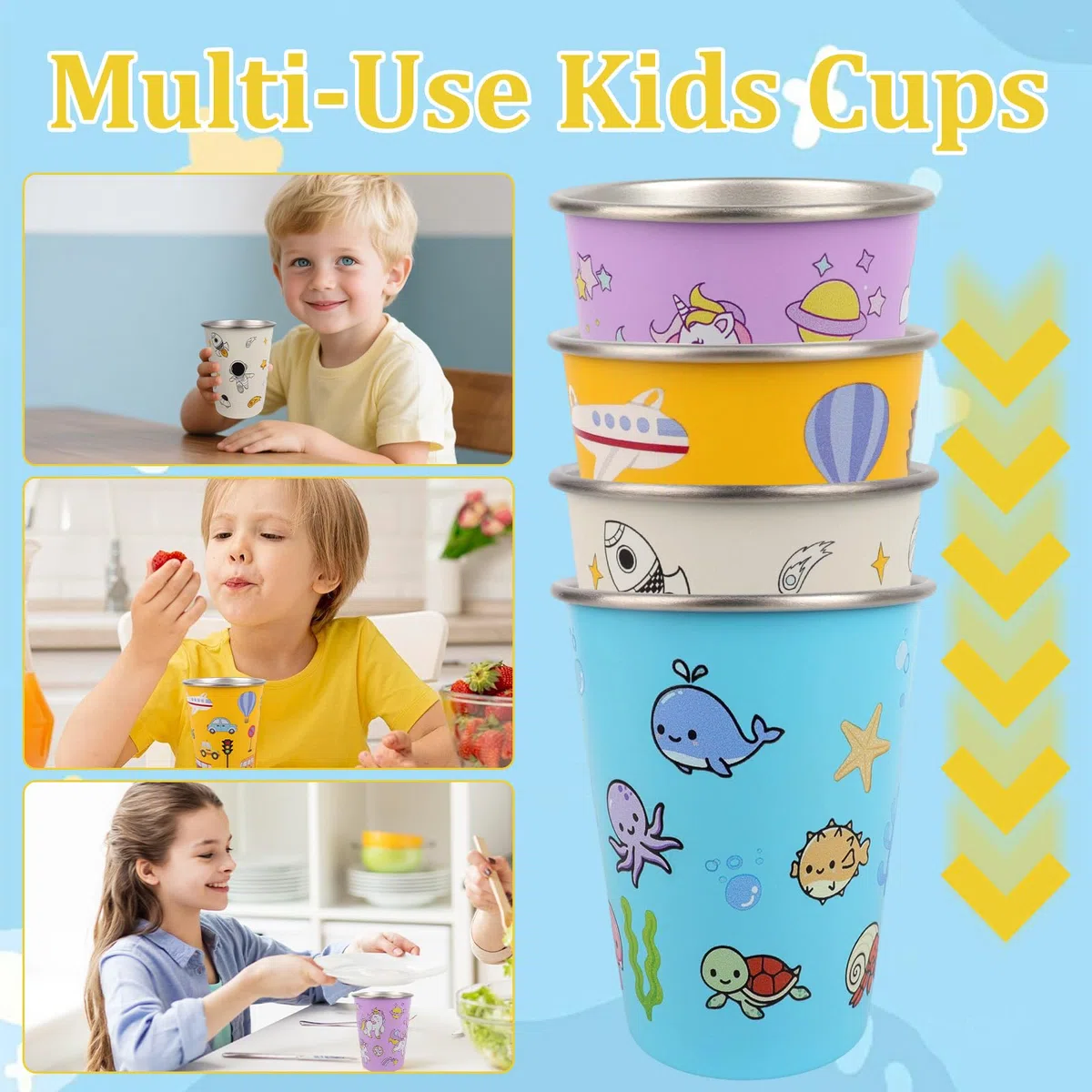 4 vasos infantiles de acero inoxidable, 350 ml, vasos de acero inoxidable, reutilizables, vasos para niños, con bolsa de almacenamiento para niños y niñas (diseño en 4 colores)