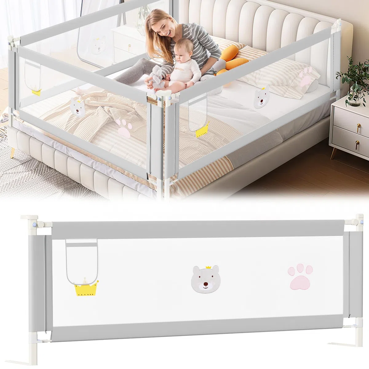 Ikodm Barrera de cama de 150 cm, protección contra caídas, barandilla de cama para niños y camas de matrimonio, altura ajustable de 70-98 cm, estable, gris