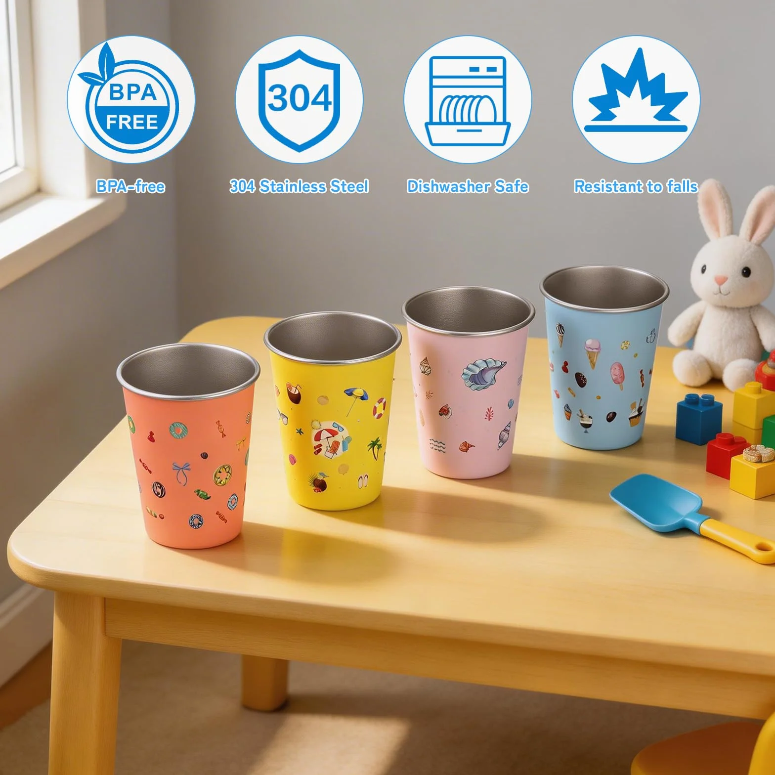 4 Piezas Vaso de Acero Inoxidable para Niños, 350ML Vaso Infantil, Set de Vasos Reutilizables, Copas de Camping Apilable para Niños y Niñas (Azul, Amarillo, Naranja, Rosa)