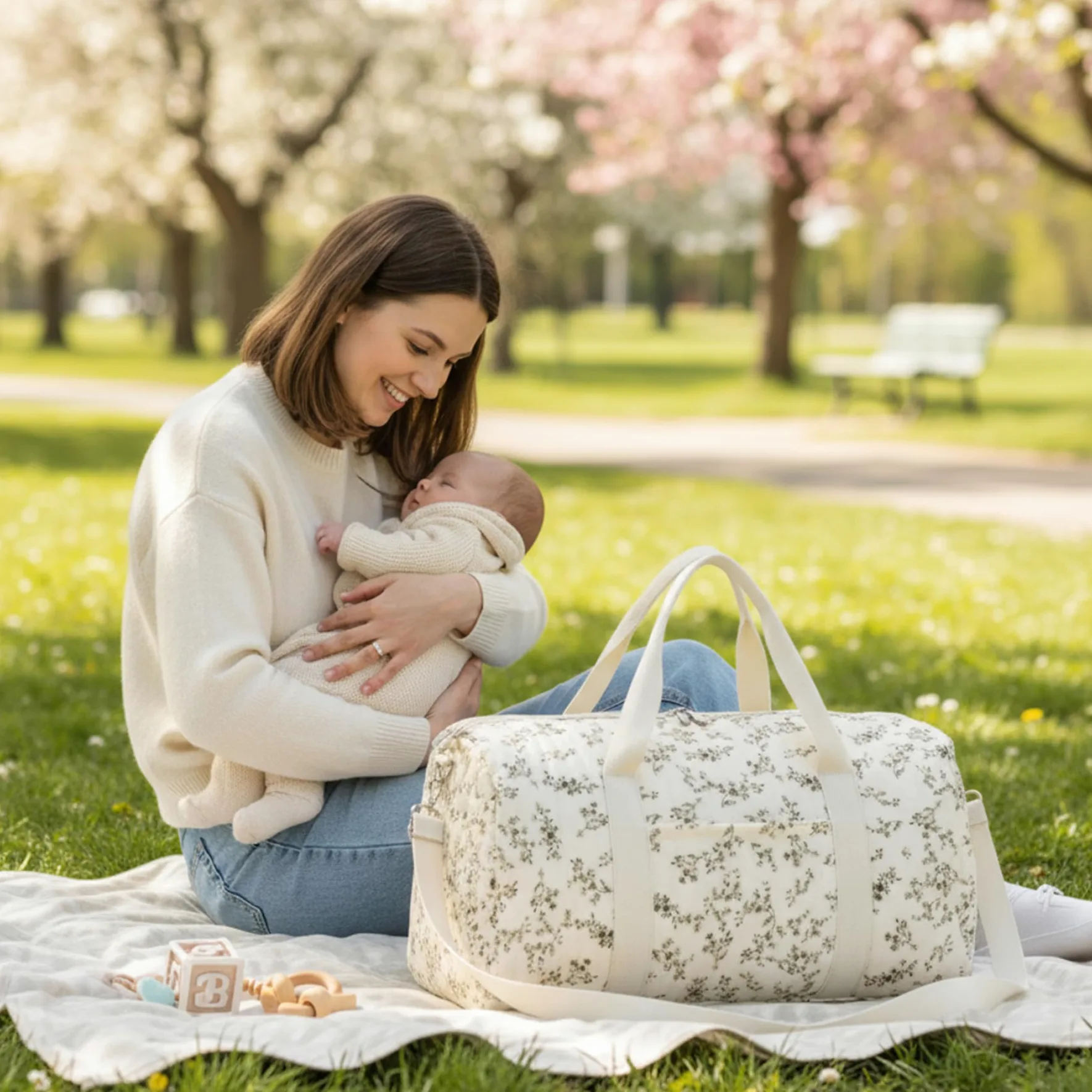 Bolsa de Viaje Acolchada, Bolsa de Fin de Semana Acolchada con Estampado Floral con asa y Correa, Linda de Viaje con Bolsillo y Cremallera para Mujeres, Viajes, Hospital, pañales, Gimnasio, 18