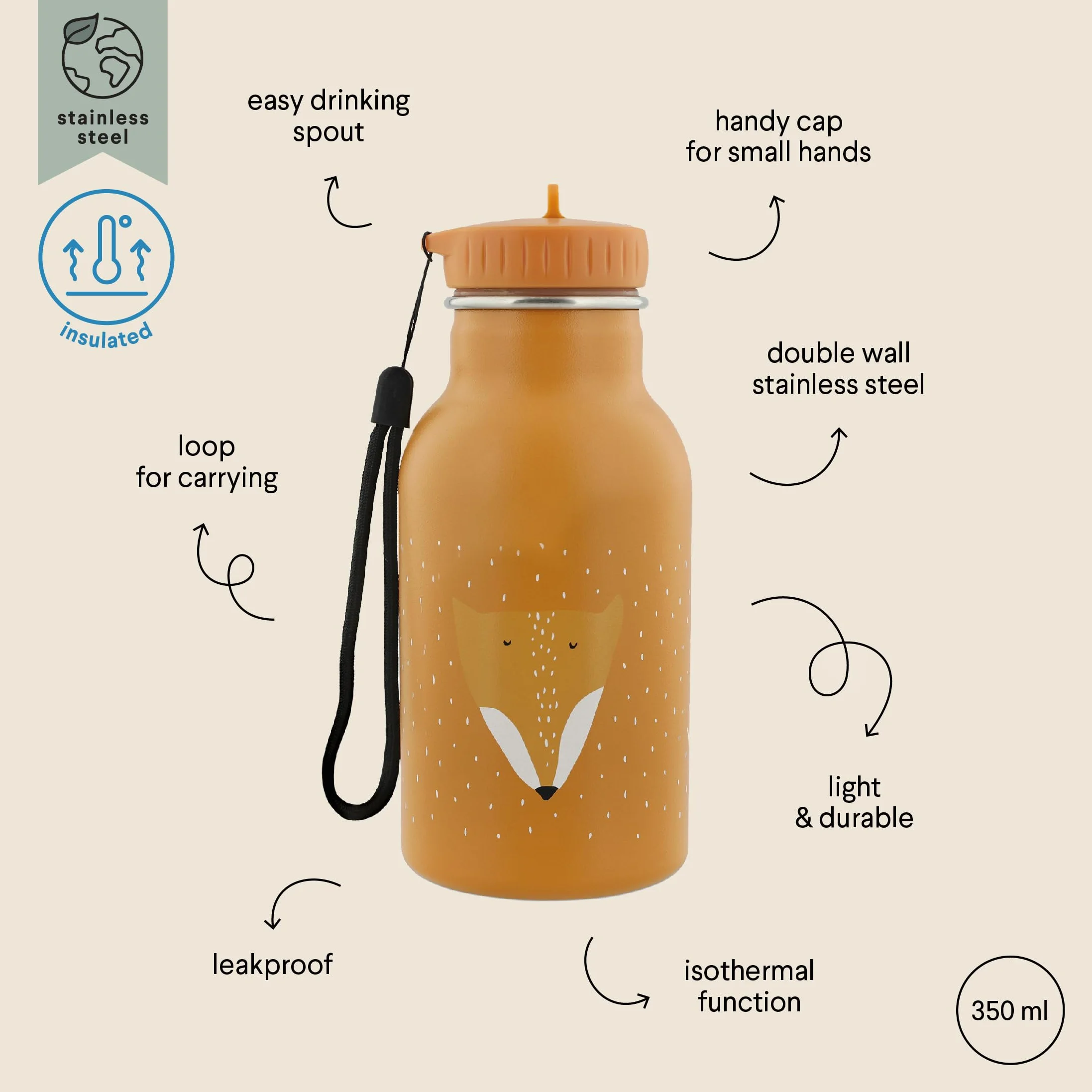 Trixie - Botella isotérmica para niños de acero inoxidable 350 ml (Mr. Fox (zorro))