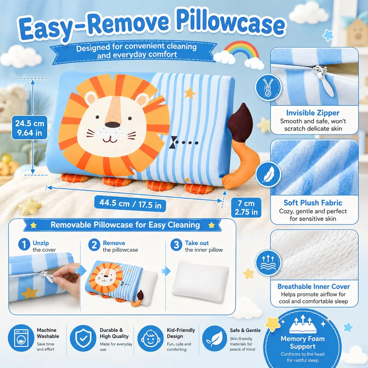 Almohada para Niños 44 x 27 cm Almohada Infantil con Funda Cojín Suave para Habitaciones