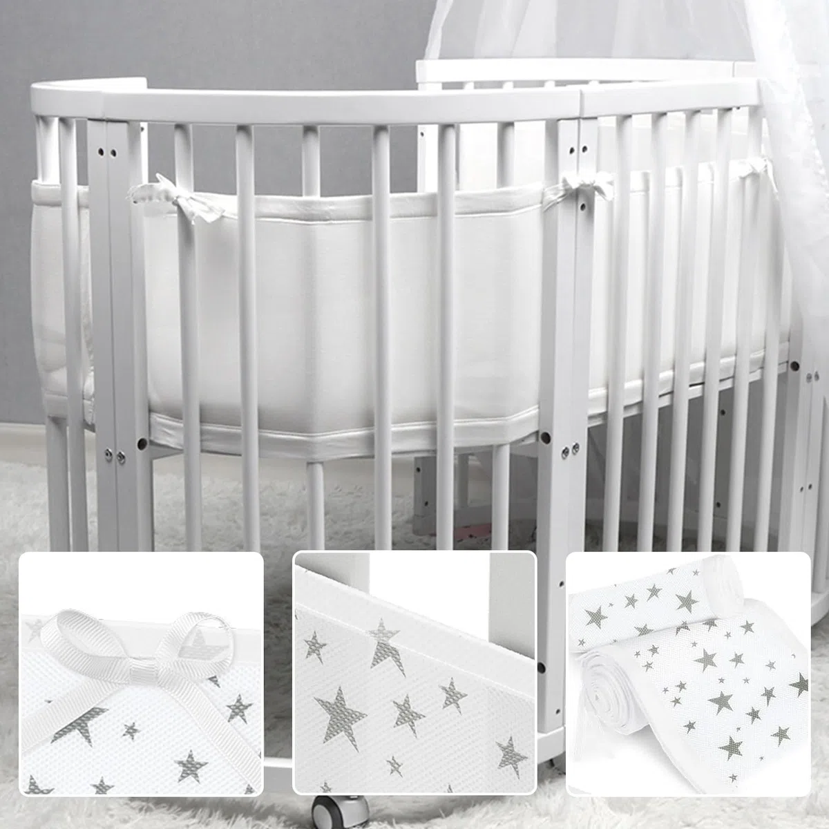 Protector de Cuna para bebé,Chichoneras Cuna Plegable 4 Lados, Ajustable,Extraíble con Cierre de Velcro,Cuna de Bebé de Transpirable-340cm x 30cm + 160cm x 30cm (Estrella Blanca)