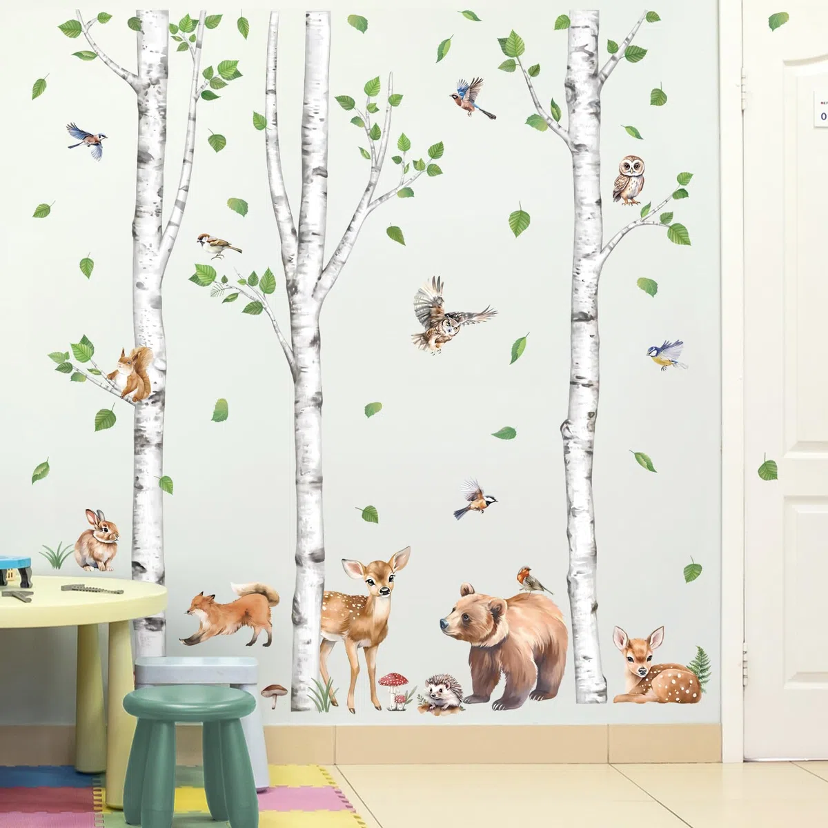 wondever Pegatinas de Pared Animales del Bosque Abedul Árbol Grande Adhesivos Pared Decorativos Ciervo Oso Zorro Vinilos Pared Habitación Niño Bebés Dormitorio Guardería