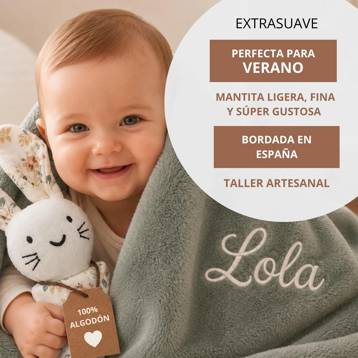 Manta Bebé Verano Personalizada Bordada con Nombre + Doudou 100% Algodón - Pack Regalo Recién Nacido Niño Niña - Set Extrasuave - Ligera Ideal para Verano - 100 x 75cm
