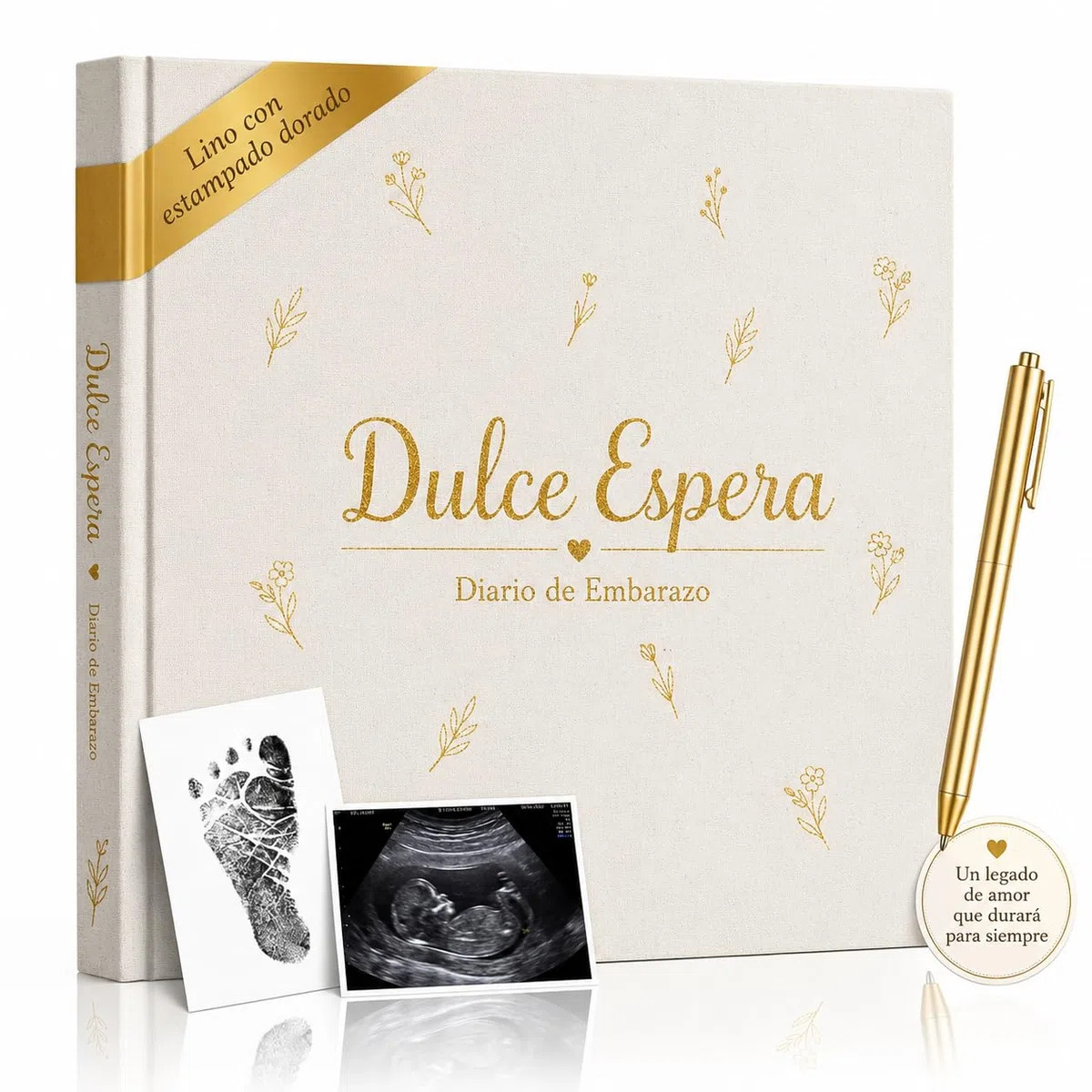 Diario de Embarazo con TAPA DE LINO Semana a Semana para Pegar Fotos, Ecografías y Escribir. Regalo Original para Recién Nacidos Baby Shower y Padres Primerizos con Pegatinas