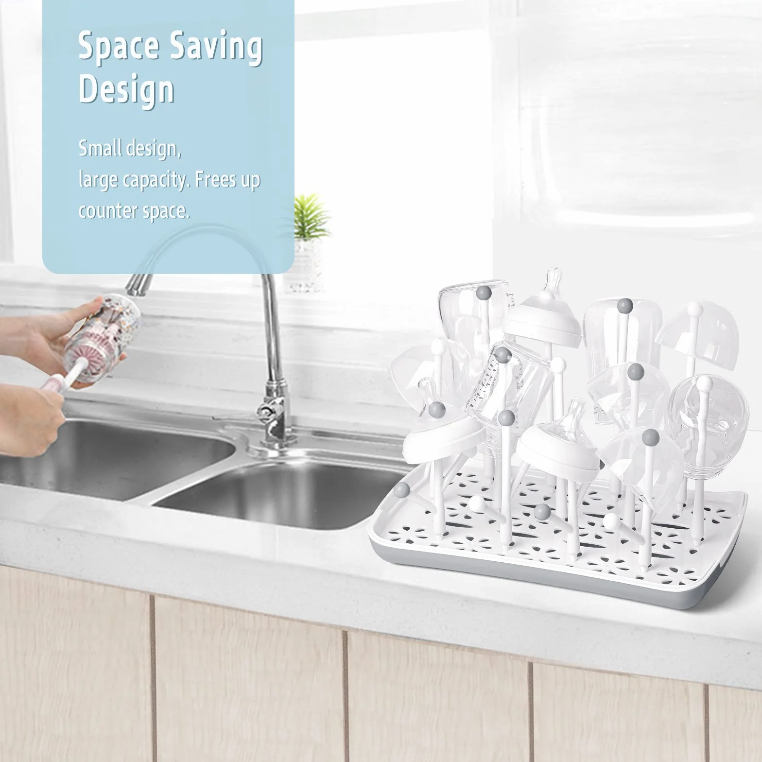 Termichy Estante para secar biberones con Bandeja de Agua extraíble Portabotellas para mostrador para bebés y niños pequeños (Gris)