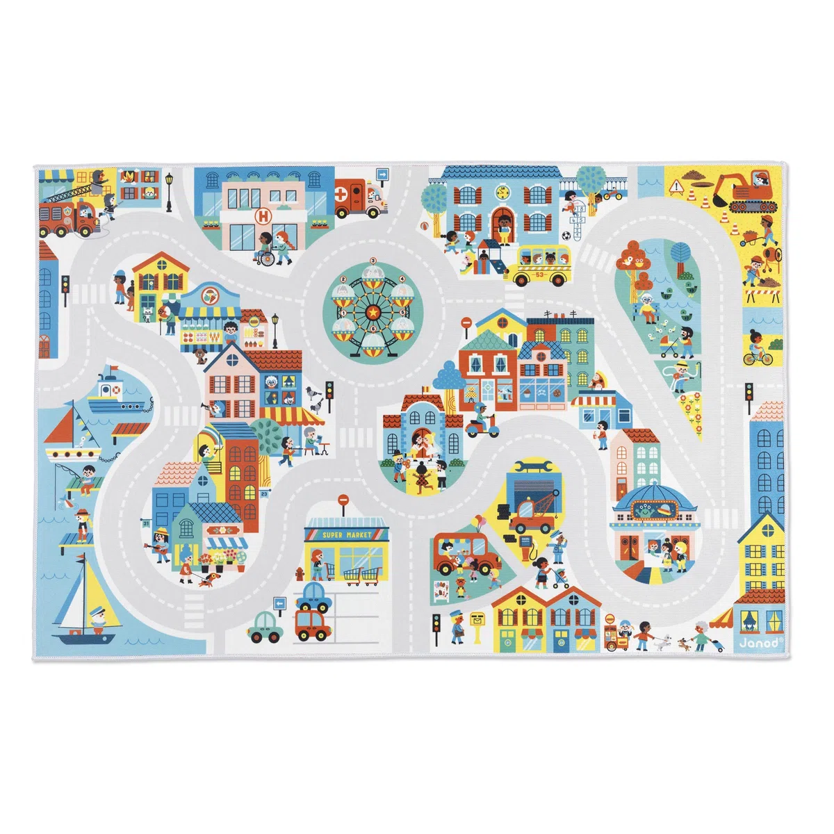 Janod - Alfombra de Coche Infantil - Tema Ciudad - Suave y Antideslizante - Motivo Urbano - Alfombra de Habitación para Niños y Niñas - 120 x 78cm - Lavable a Mano - A Partir de 2 años - J05910