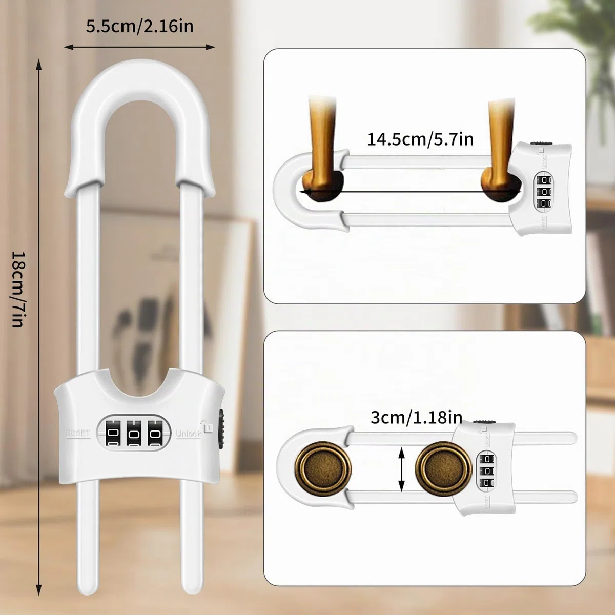 Paquete de 4 candados reutilizables para armarios, cerraduras deslizantes de seguridad para niños, en forma de U, ajustables con contraseña de 3 dígitos para armarios de cocina y armarios, se instala