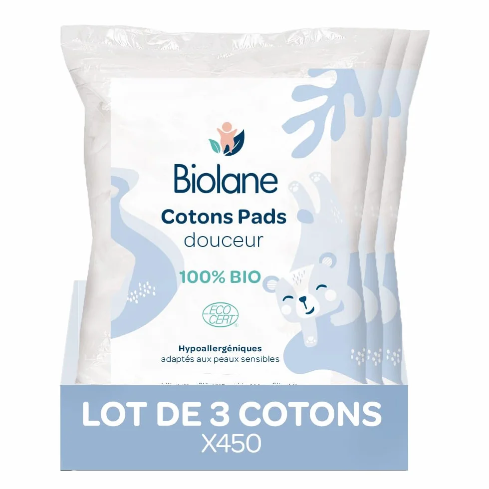 BIOLANE – Juego de 3 almohadillas de algodón para bebé, 100% orgánico, 150 algodón, piel sensible, cambio y aseo – desde el nacimiento – Fabricado en Francia