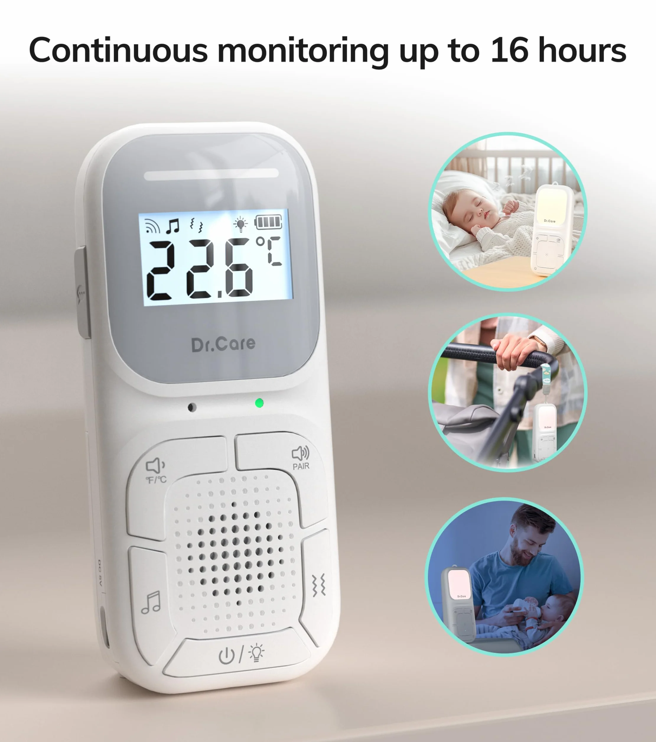 Dr.Care Neo Go Monitor de Audio Portátil para Bebés Ayuda para Dormir con Alcance de 300m, Batería de Día y Noche, Clip Portátil, VOX, Luz Nocturna, 8 Canciones de Cuna, Alarma por Vibración, Cordón