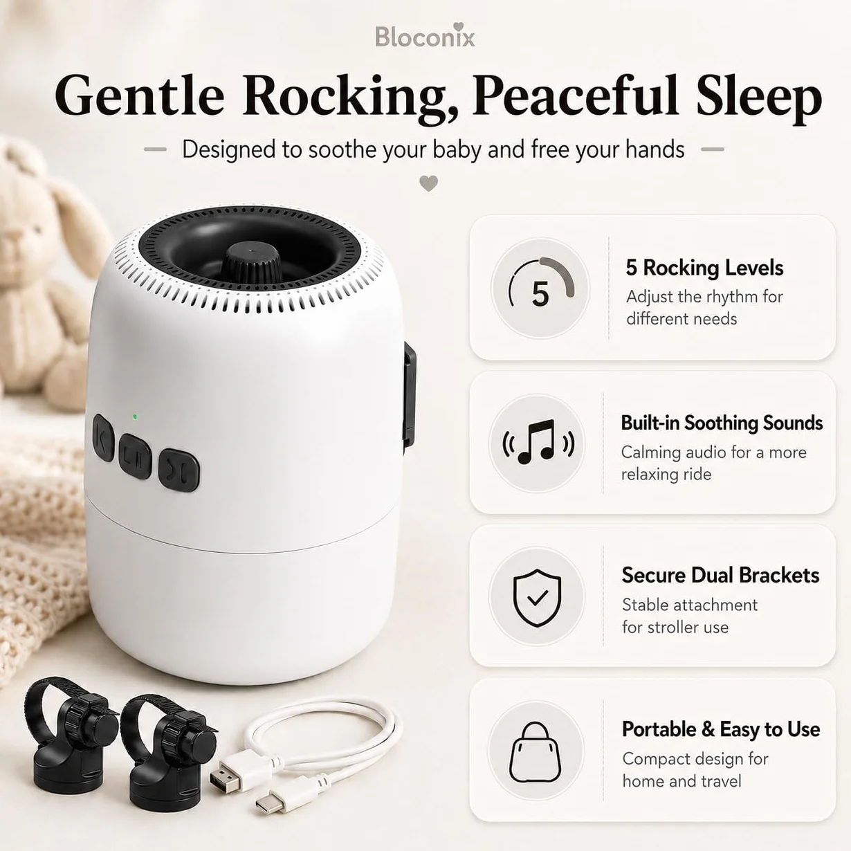 Baby Rocker Recargable, Mecedora Carro Bebe con 5 Niveles de Balanceo y Ruido Blanco - Ajustable, Ultra Silencioso, USB-C, 2 Soportes Universales para Todos los Cochecitos (Gris)