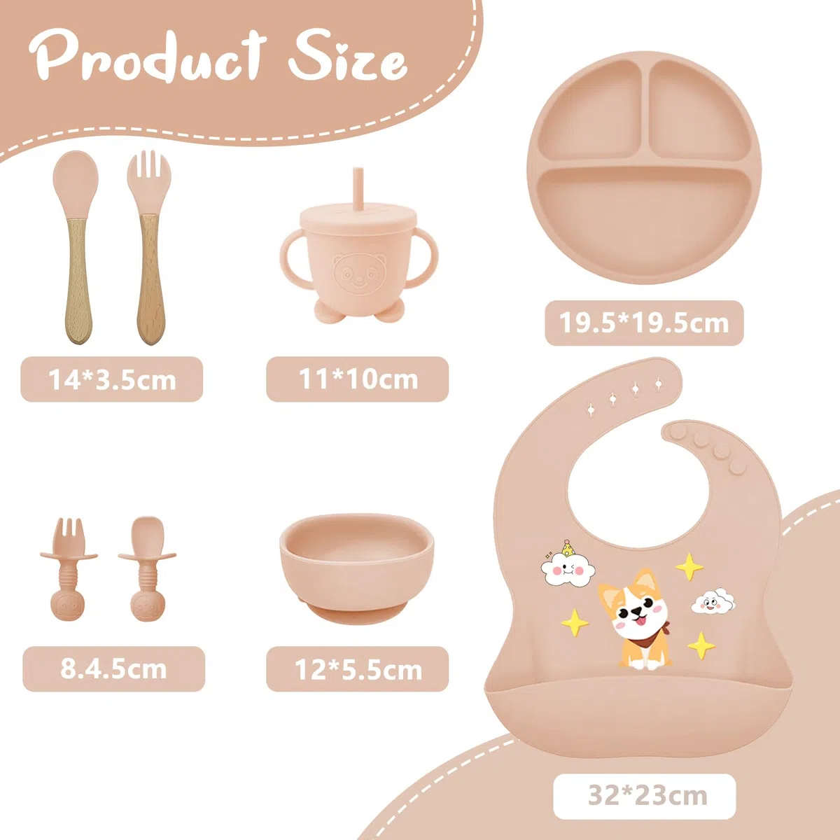 Set de vajilla de silicona para bebé 9 piezas – Plato y cuenco con ventosa, vaso de aprendizaje, cubiertos de silicona, babero y delantal manga larga – Kit BLW antideslizante, apto lavavajillas, plega
