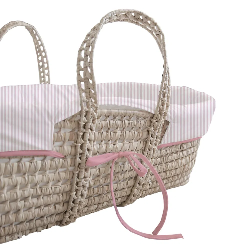 Tanuki Moisés de Mimbre Natural para Bebé con Base de Madera - Hecho a Mano - Colchón Incluido - Estilo nórdico Rayas Rosa