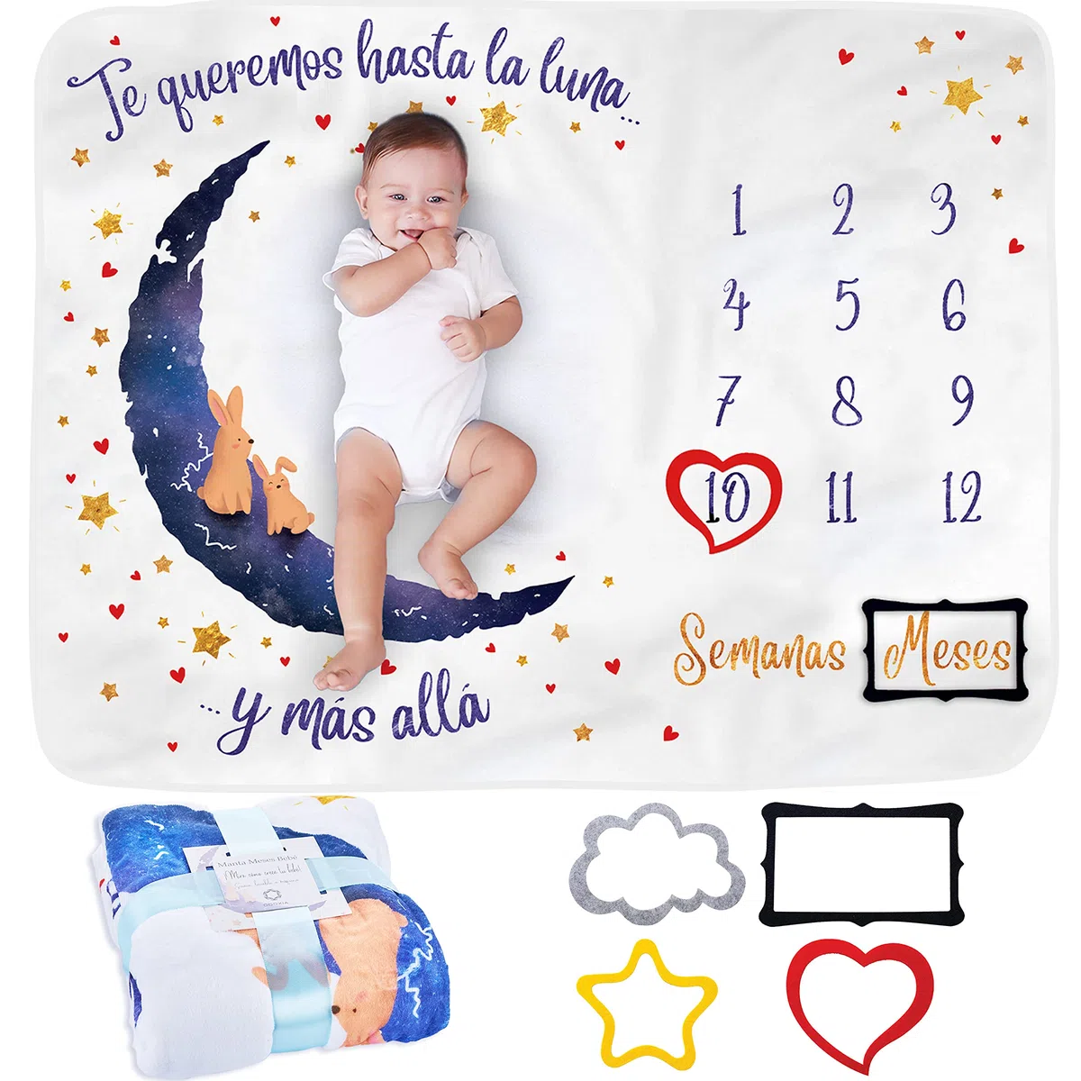 Manta Meses Bebé en Español | Manta Bebe Personalizada, Unisex | Regalo Personalizado De Nacimiento Para Nuevas Mamás | Temática Luna | Suave y Gruesa | Manta Mensual Bebe | Incluye Marcos