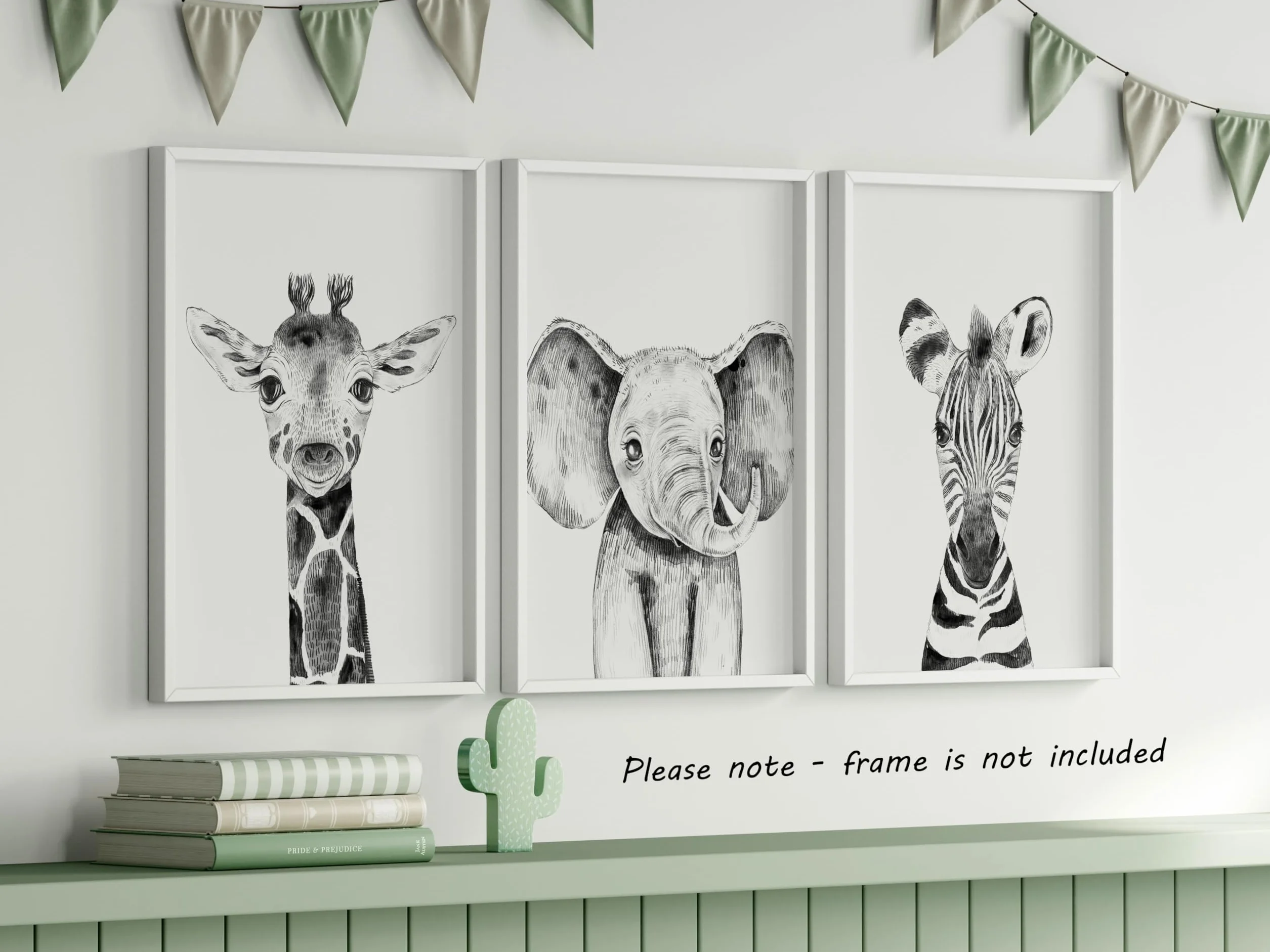 Eviepops Prints Animales del Safari Set de 3 Láminas Sin Marco para Habitación de Niño o Niña, Pósters de Arte de Pared para Decoración de Dormitorio, Negro Blanco, Jirafa Elefante Cebra (A3)