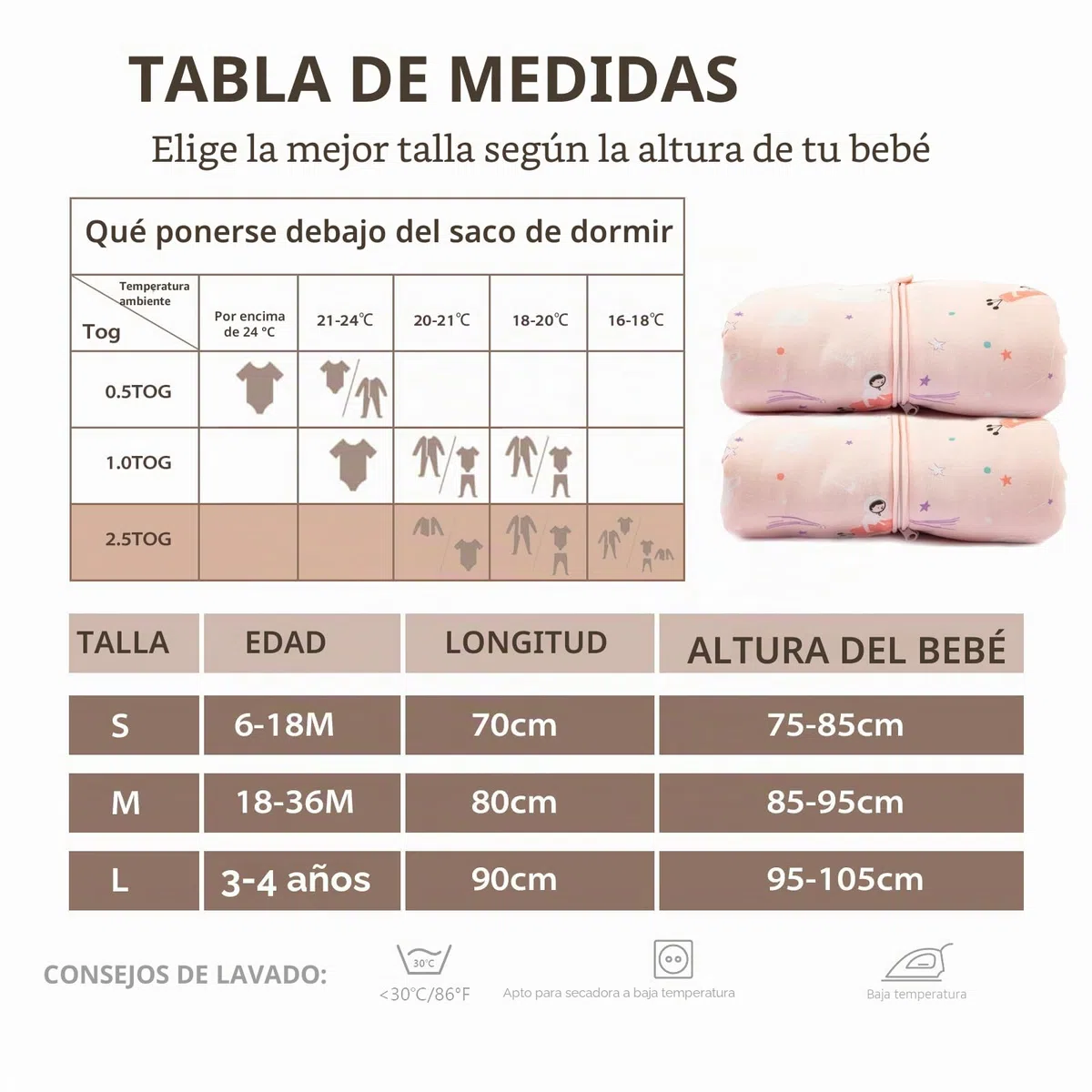 Mosebears Saco de dormir para bebé - 2.5 TOG Saco de Dormir de Algodón Unisex para Bebés,con mangas extraíbles, 18 – 36 meses (Altura 85 – 95 cm)