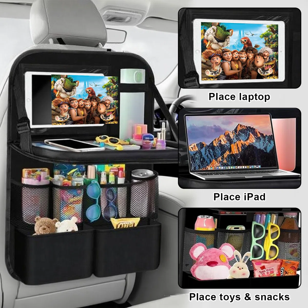 2 organizadores de asiento de coche con mesa plegable, organizador grande para asiento trasero de coche para niños, multifuncional, resistente al agua, organizador de asiento trasero, bolsa para