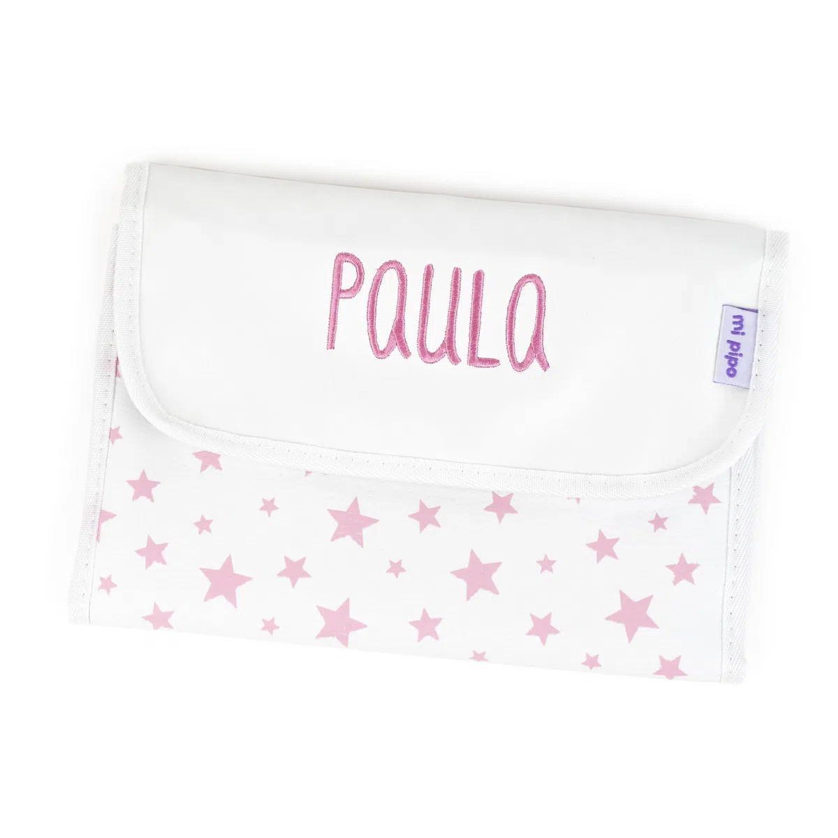 Portadocumentos Bebe Personalizado con Nombre y Estrellas - Rosa | Funda Porta Documentos de Bebé | Polipiel con Cierre Velcro y Compartimentos | Ideal para Guarderia, Excursiones y Viajes