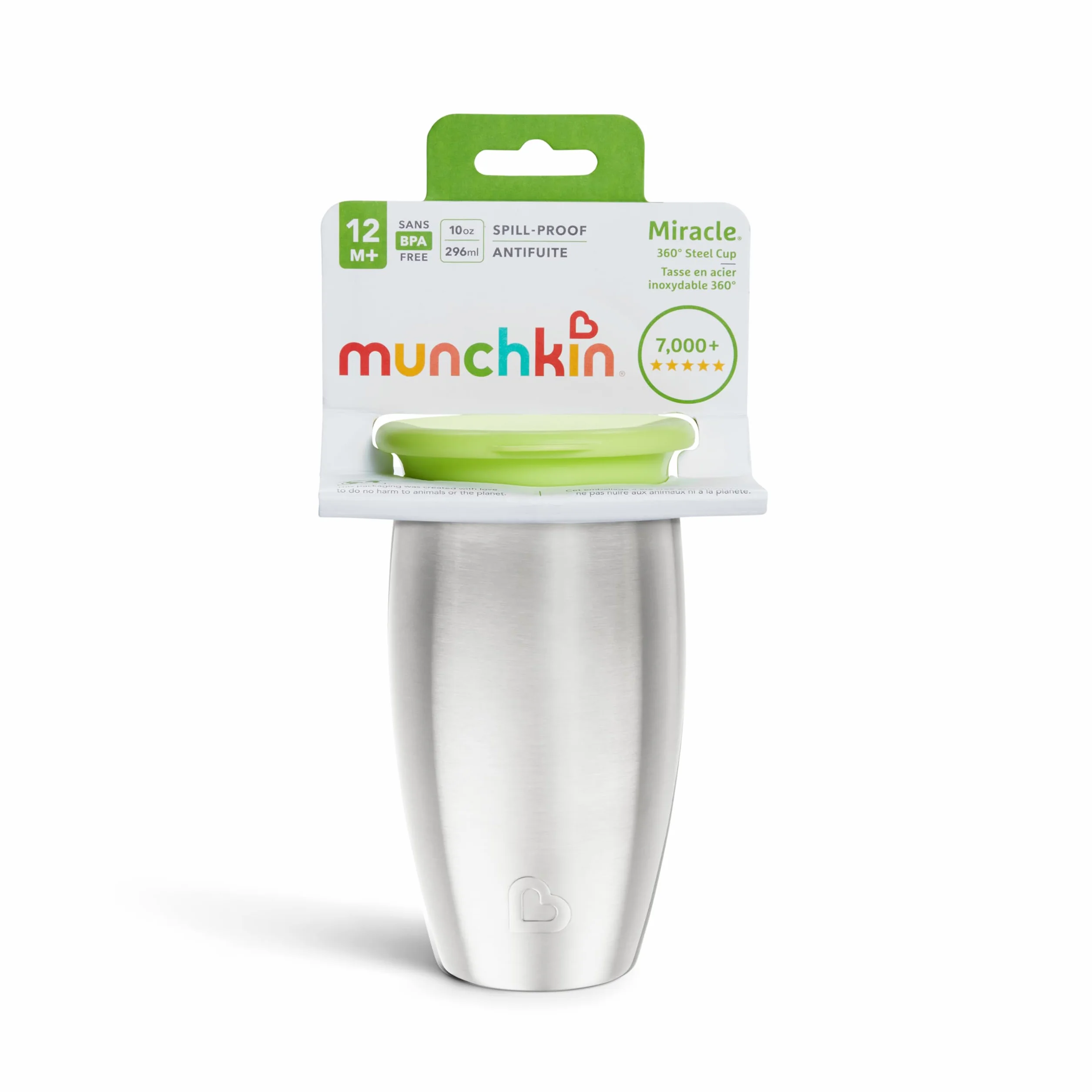 Munchkin Taza Stainless Steel Miracle 360 para Niños Pequeños, Taza para Bebé y Niño Pequeño Libre de BPA, Optimo para el Destete, Tazas a Prueba de Fugas para Niños, 12+ Meses, 10oz/296ml, Verde